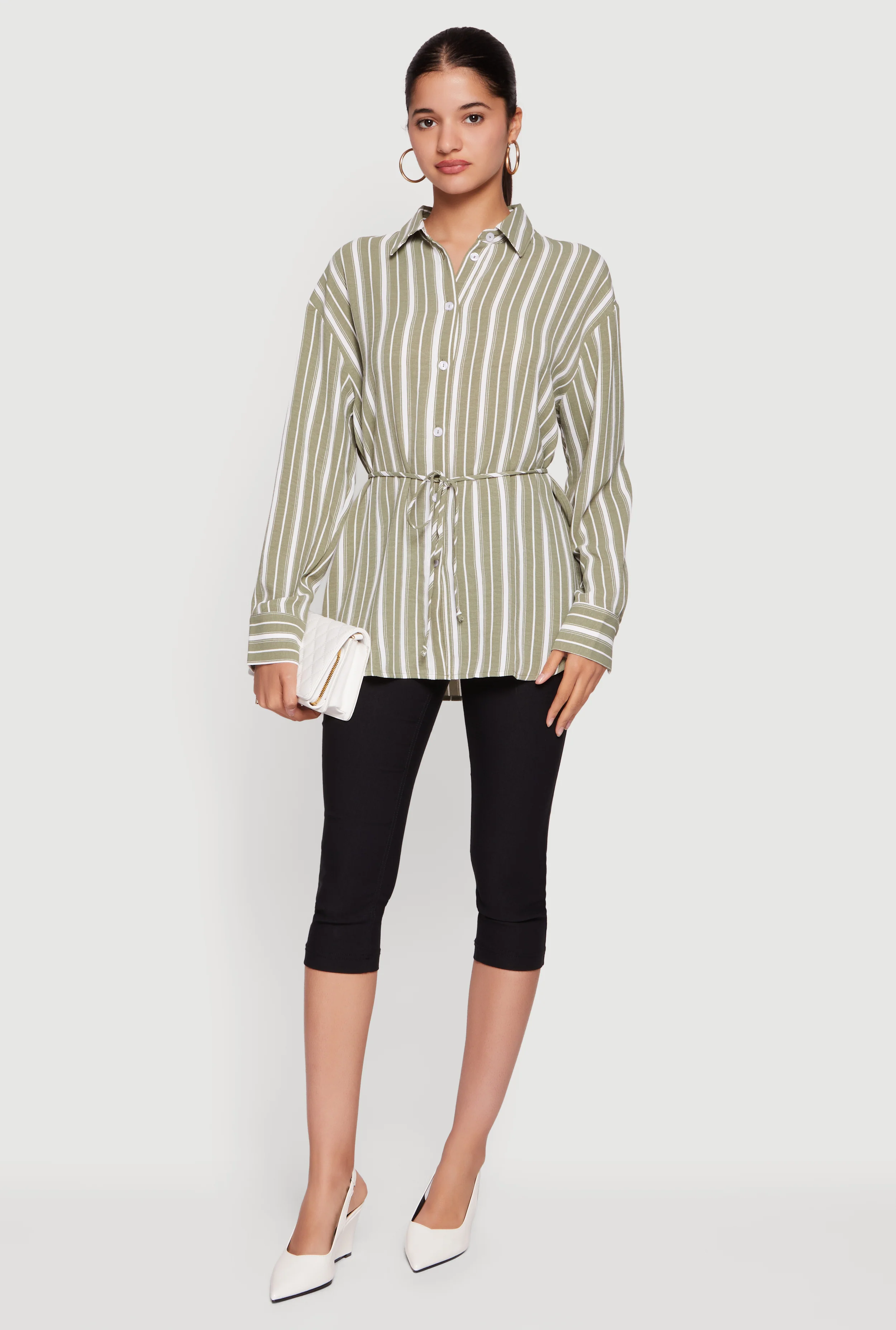 Striped Crepe Knit Tie Waist Belted Button Front Shirt