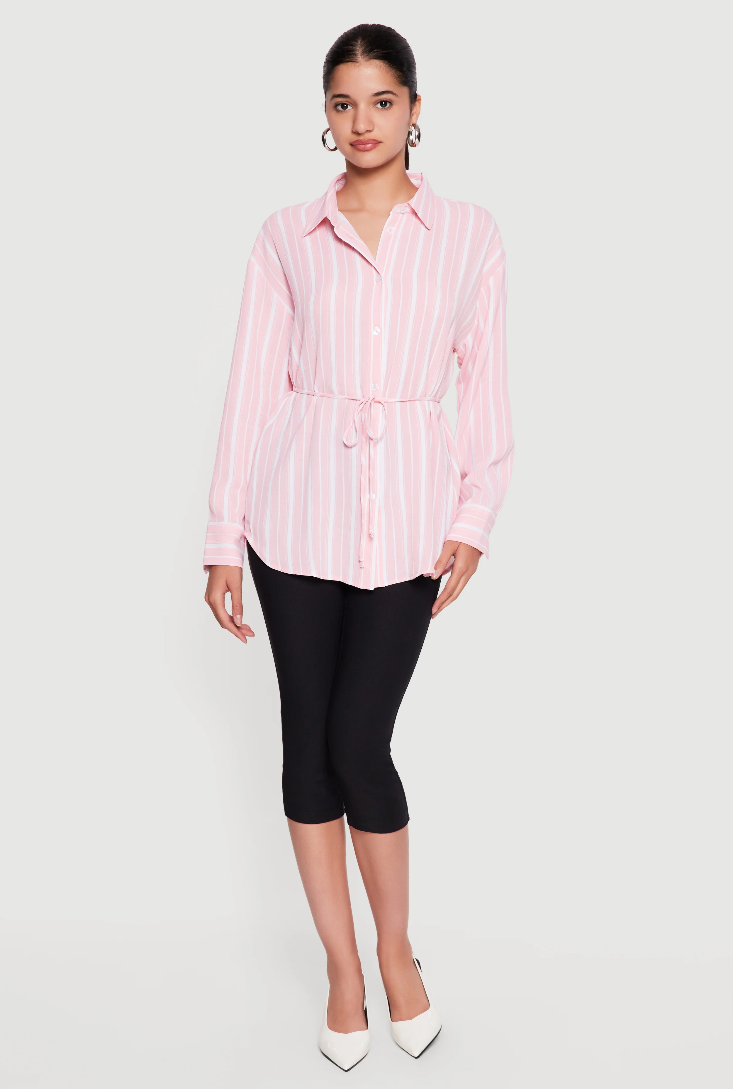 Striped Crepe Knit Tie Waist Belted Button Front Shirt