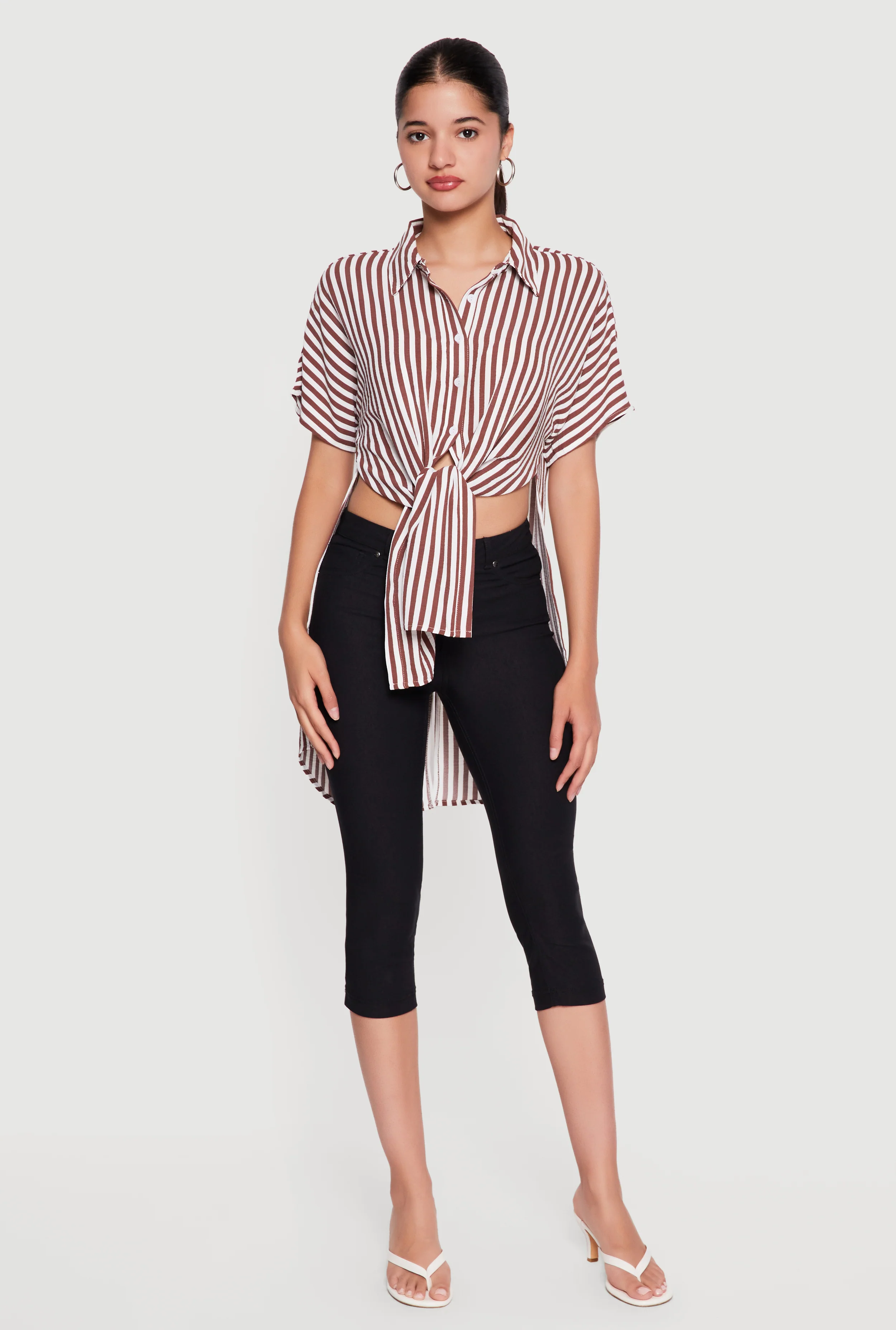 Striped Crepe Knit Tie Front High Low Shirt