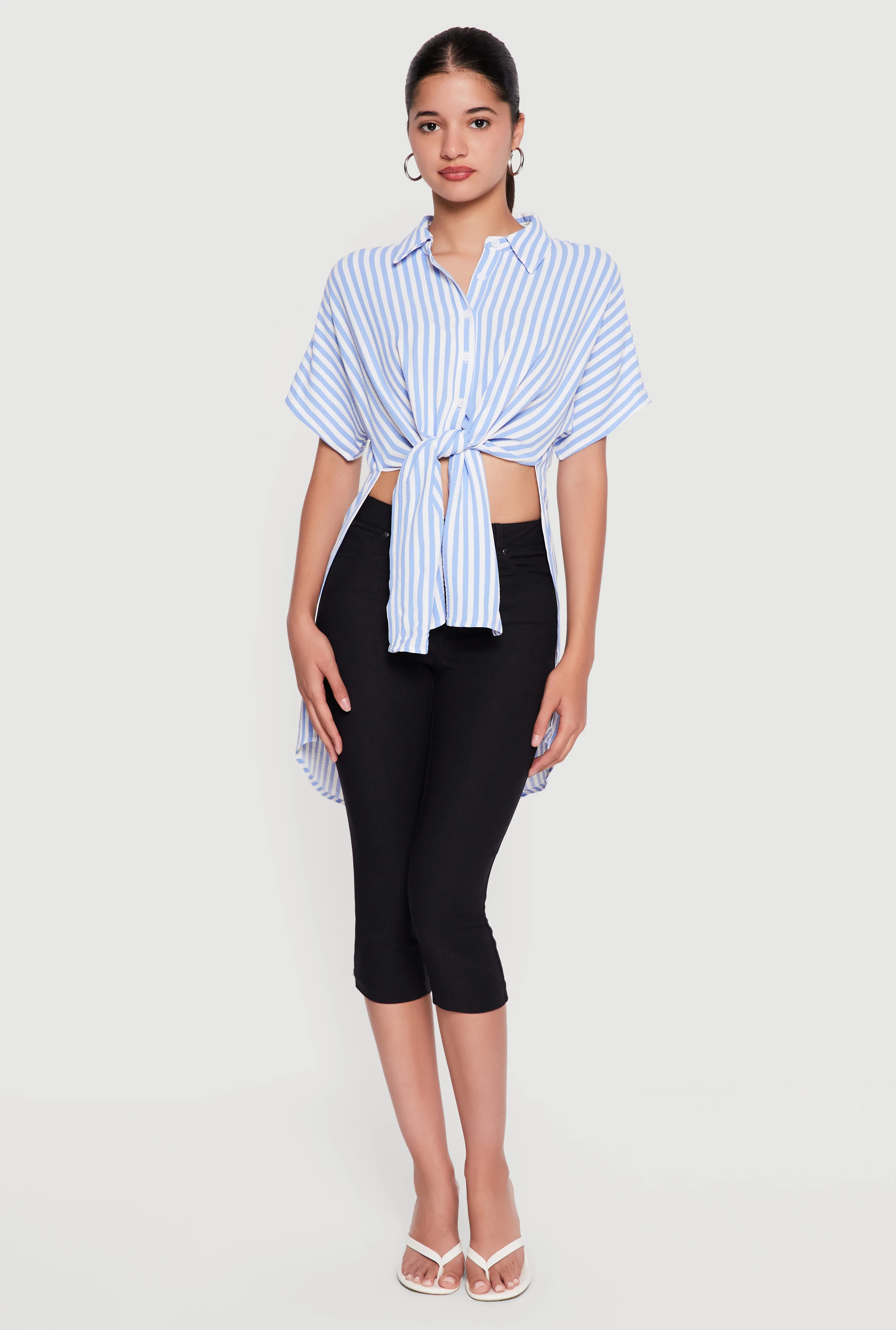 Striped Crepe Knit Tie Front High Low Shirt