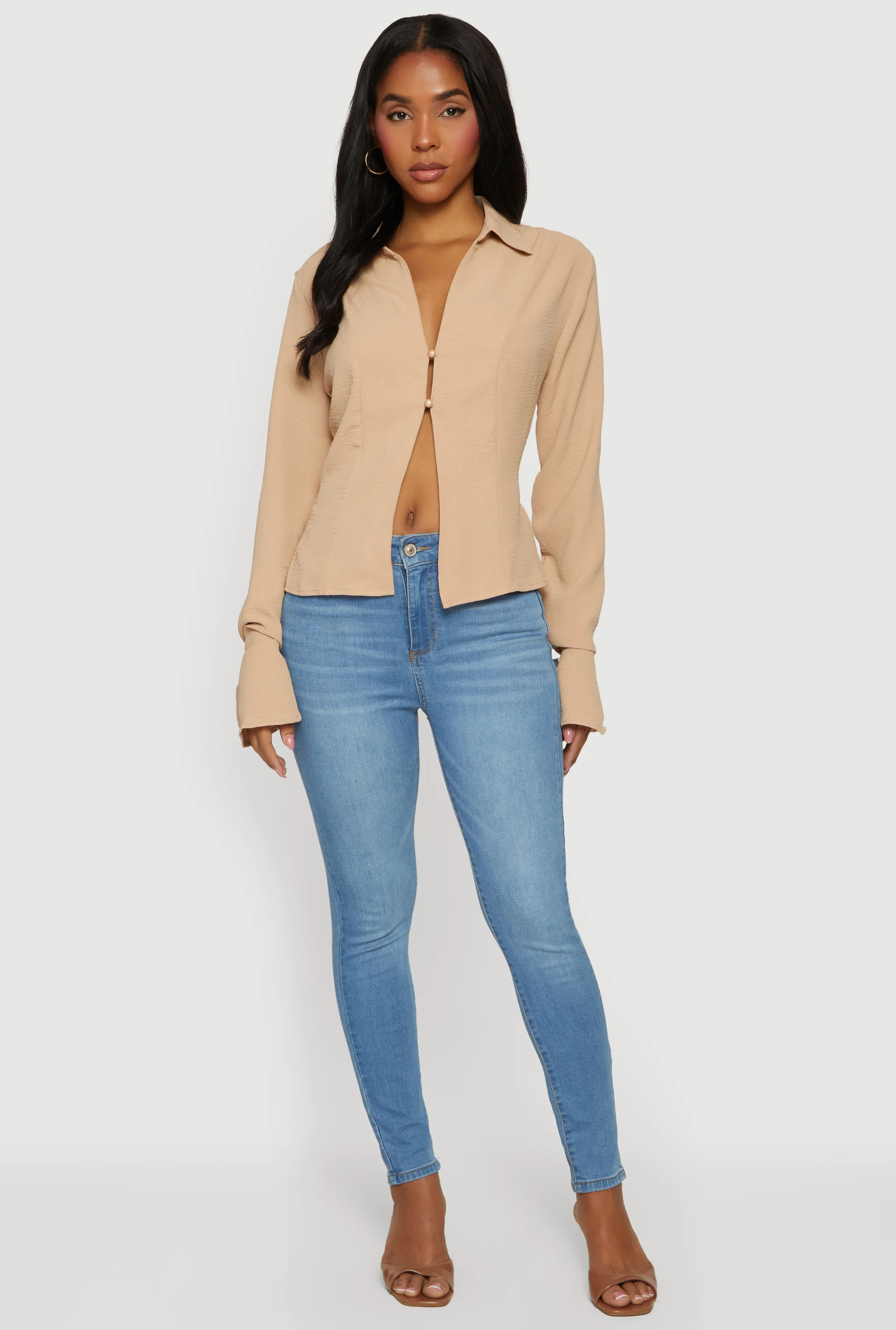 Tie Back Pearl Button Front Bell Sleeve Blouse