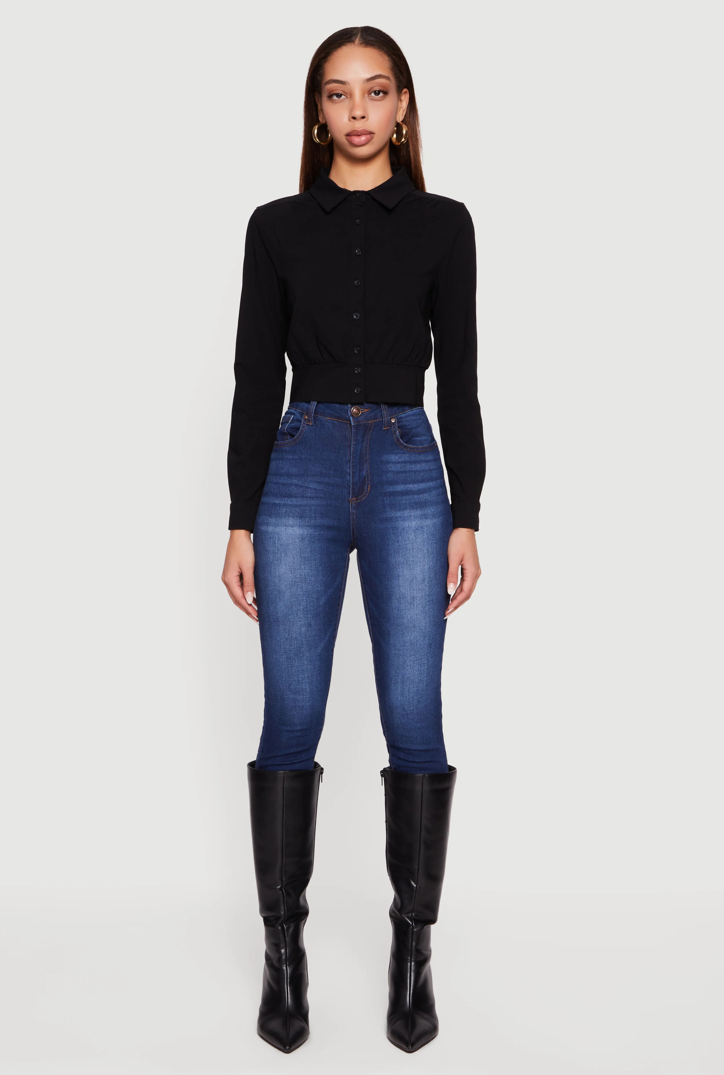 Cropped Long Sleeve Button Front Smocked Back Shirt