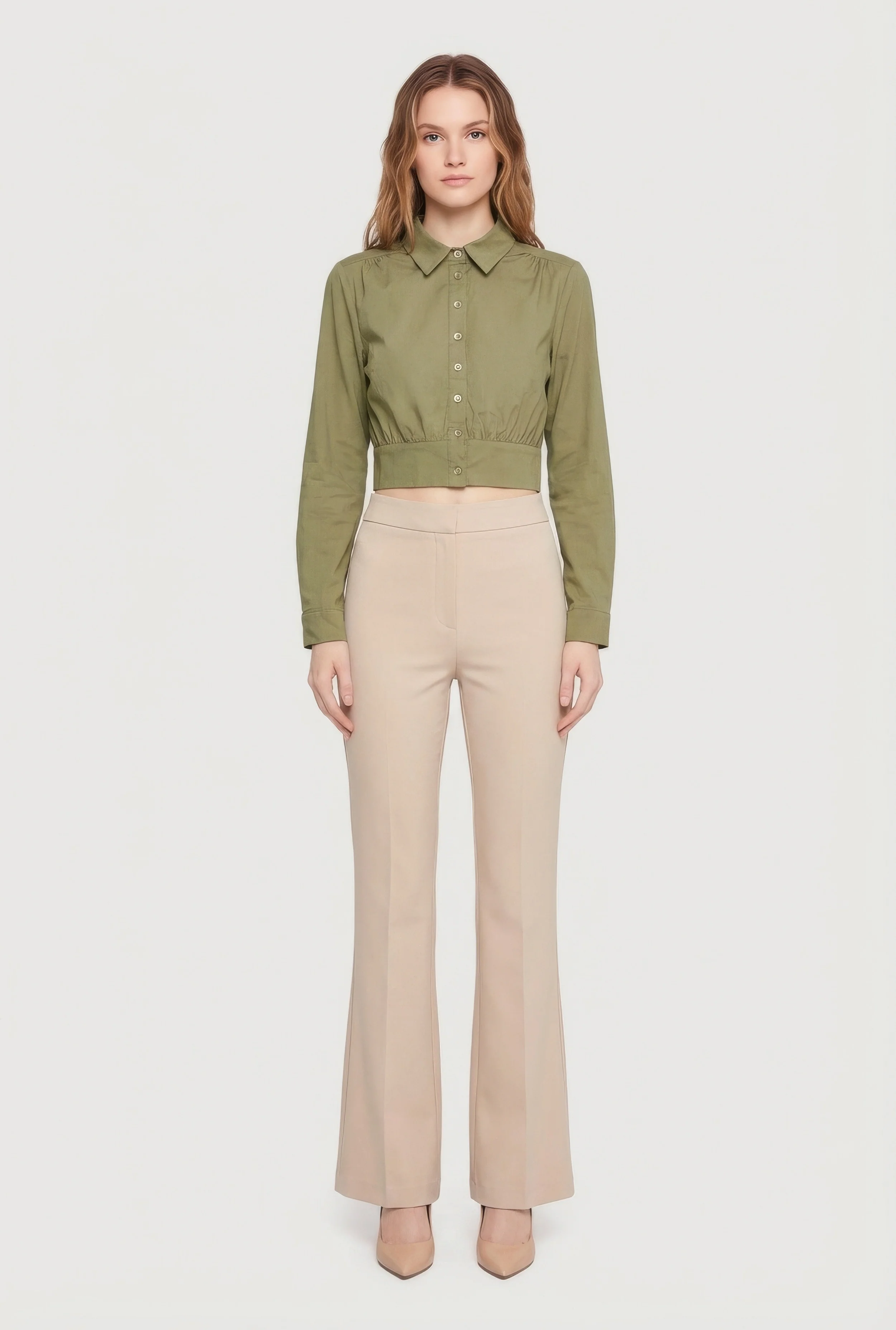 Cropped Long Sleeve Button Front Smocked Back Shirt