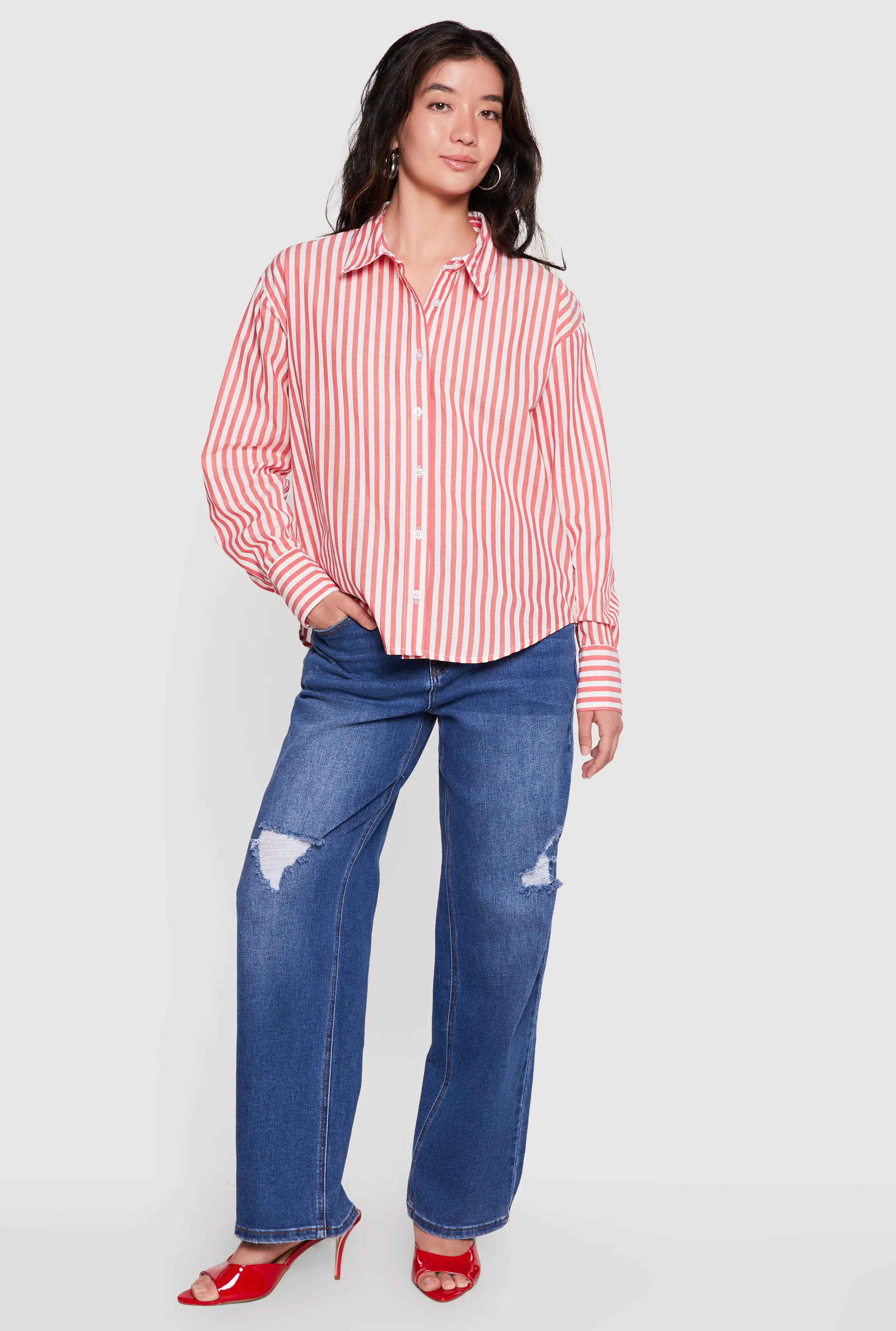 Striped Button Front Long Sleeve Blouse