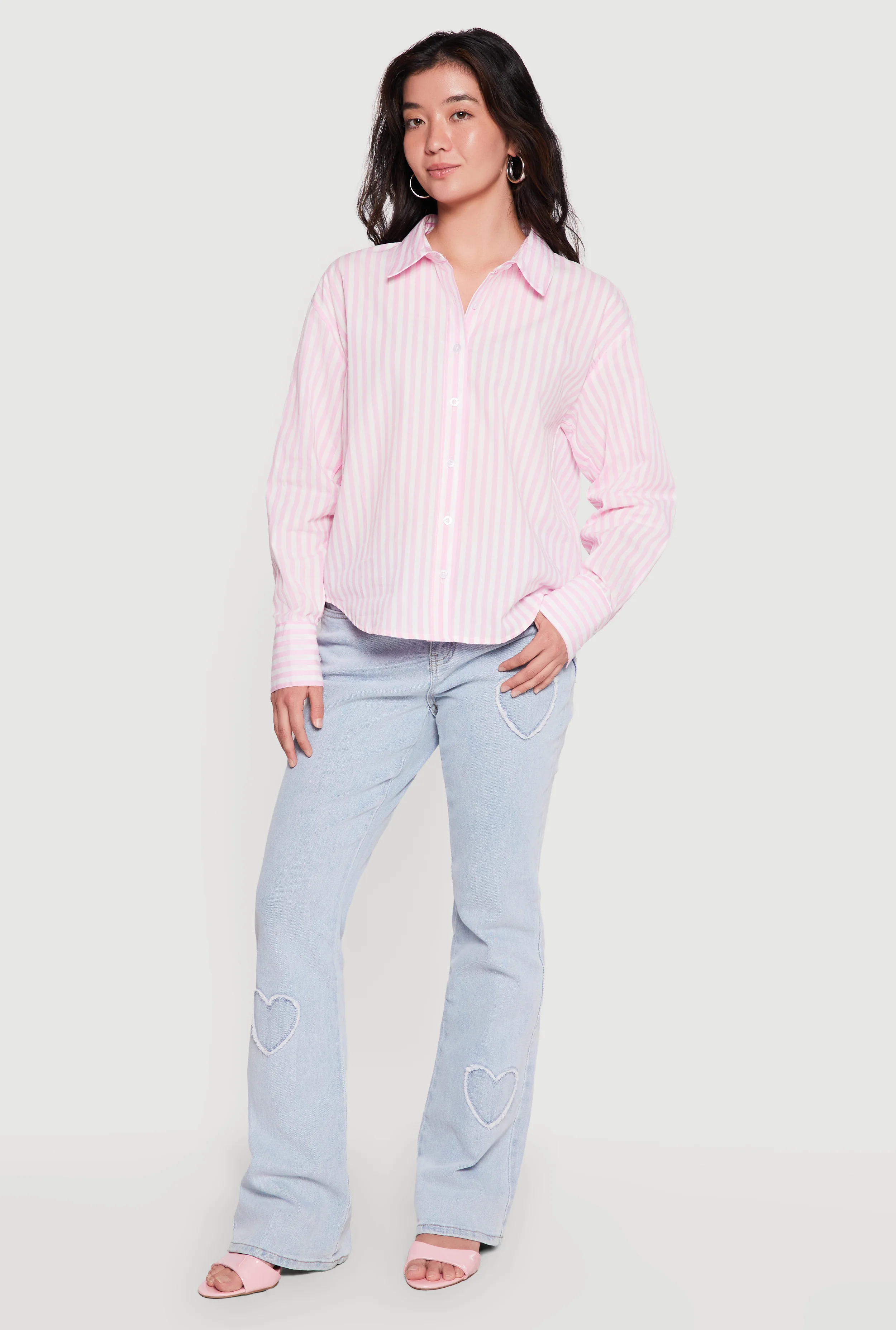 Striped Button Front Long Sleeve Blouse