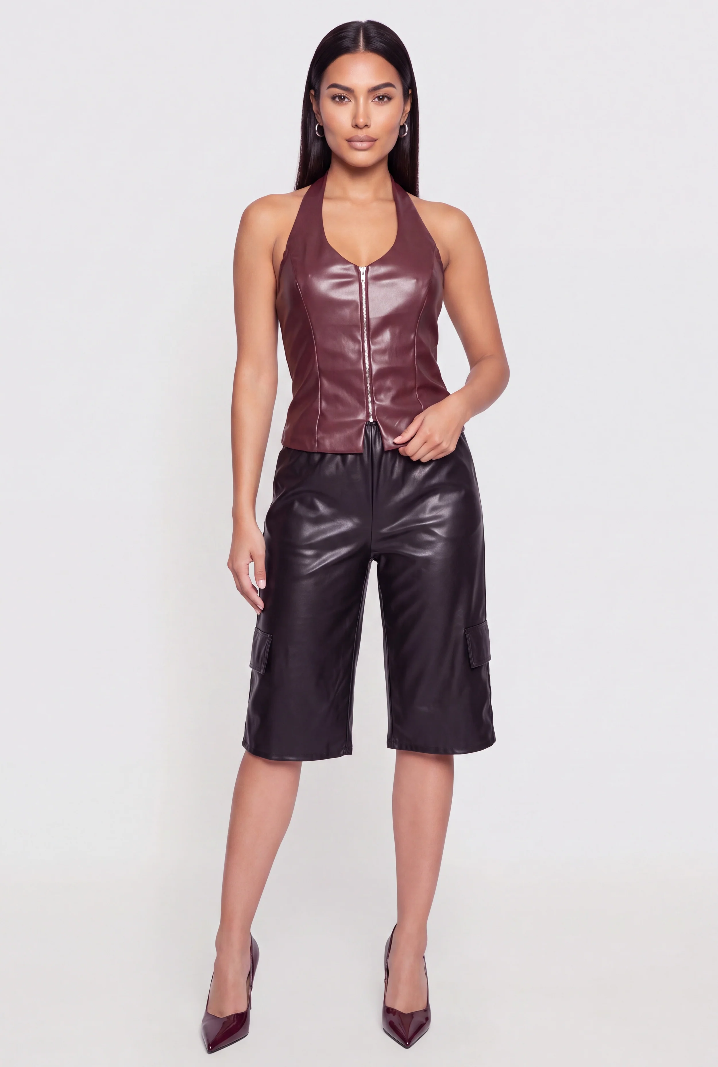 Faux Leather Zip Front Halter Top