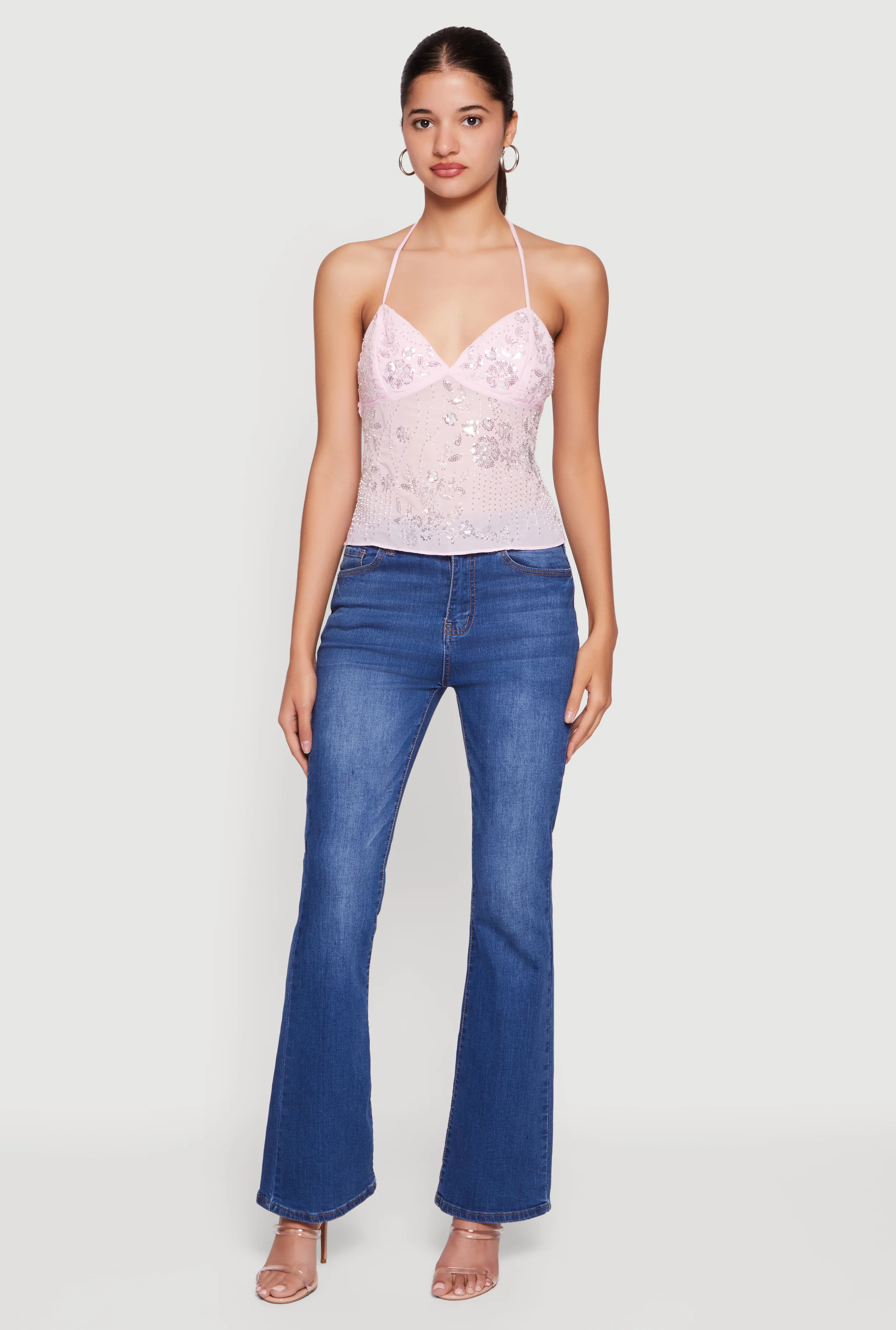 Floral Sequin Beaded Detail Tie Back Top