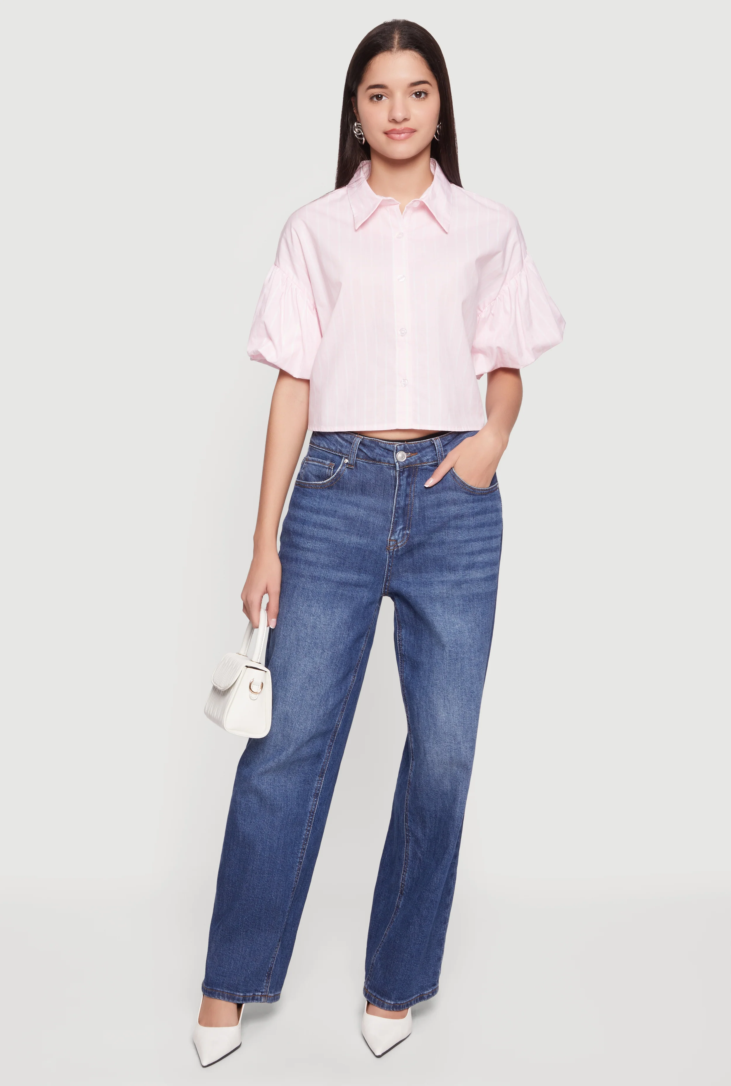 Striped Bubble Sleeve Cropped Blouse
