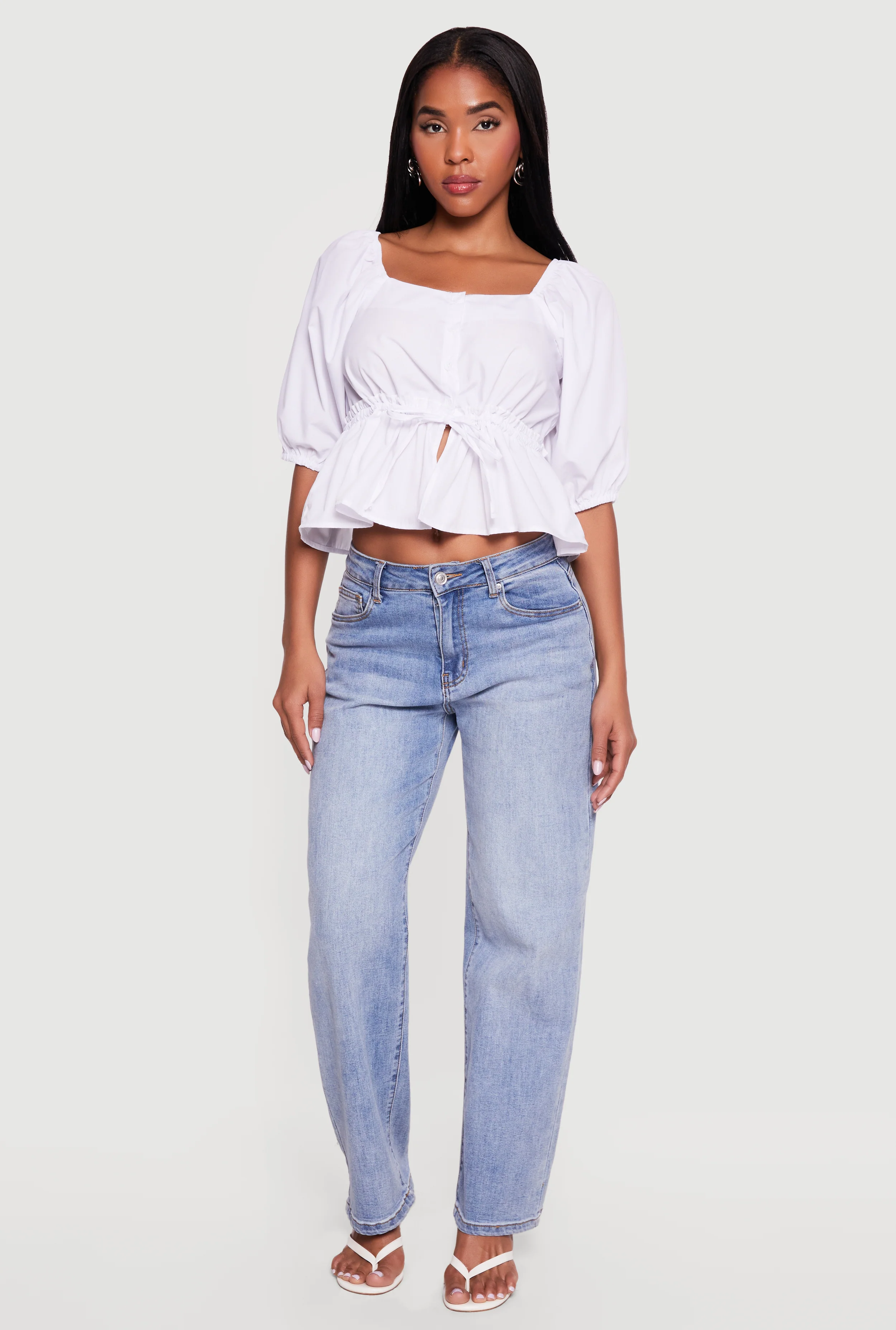 Square Neck Tie Waist Puff Sleeve Crop Top