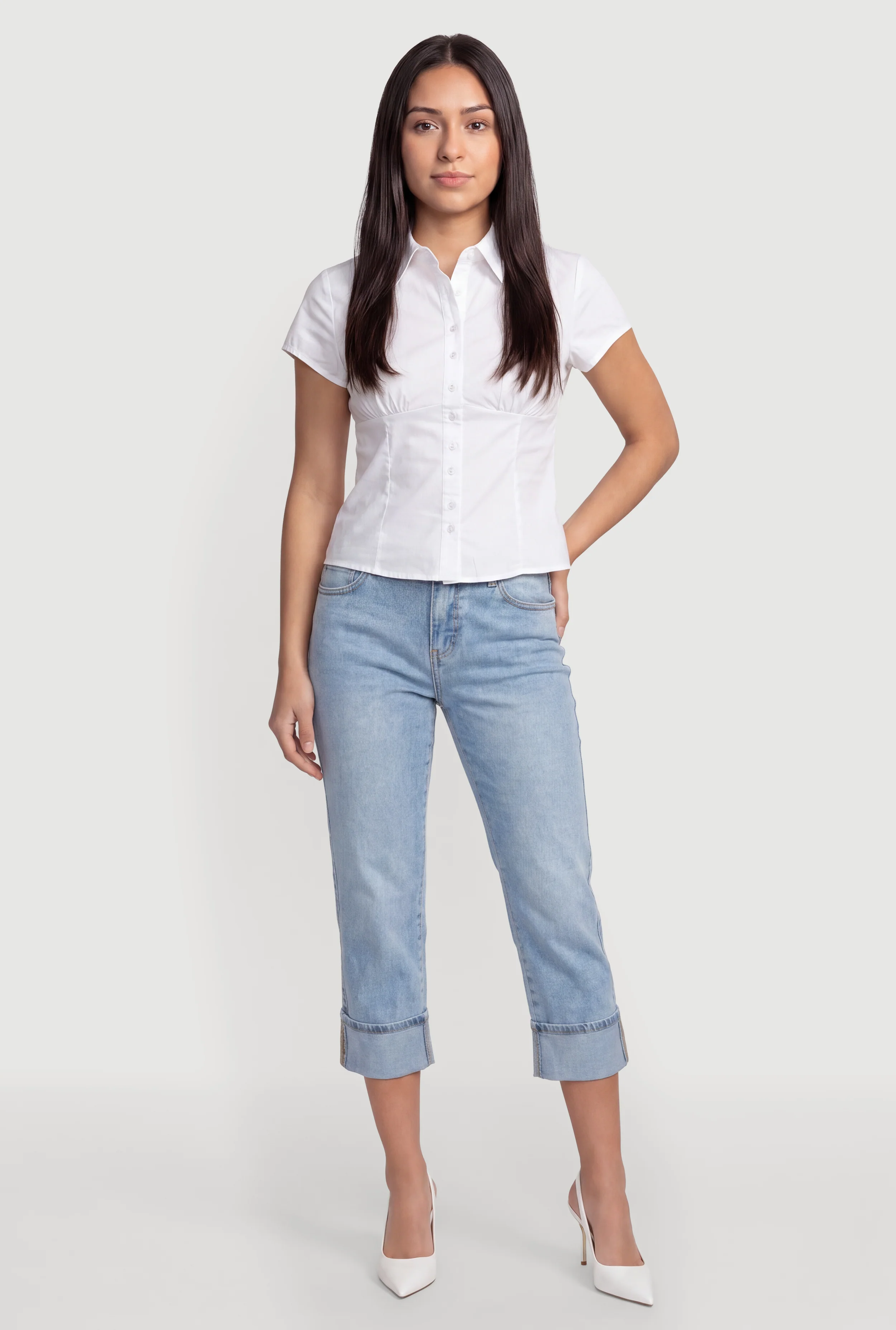 Button Front Short Sleeve Pleated Shirt