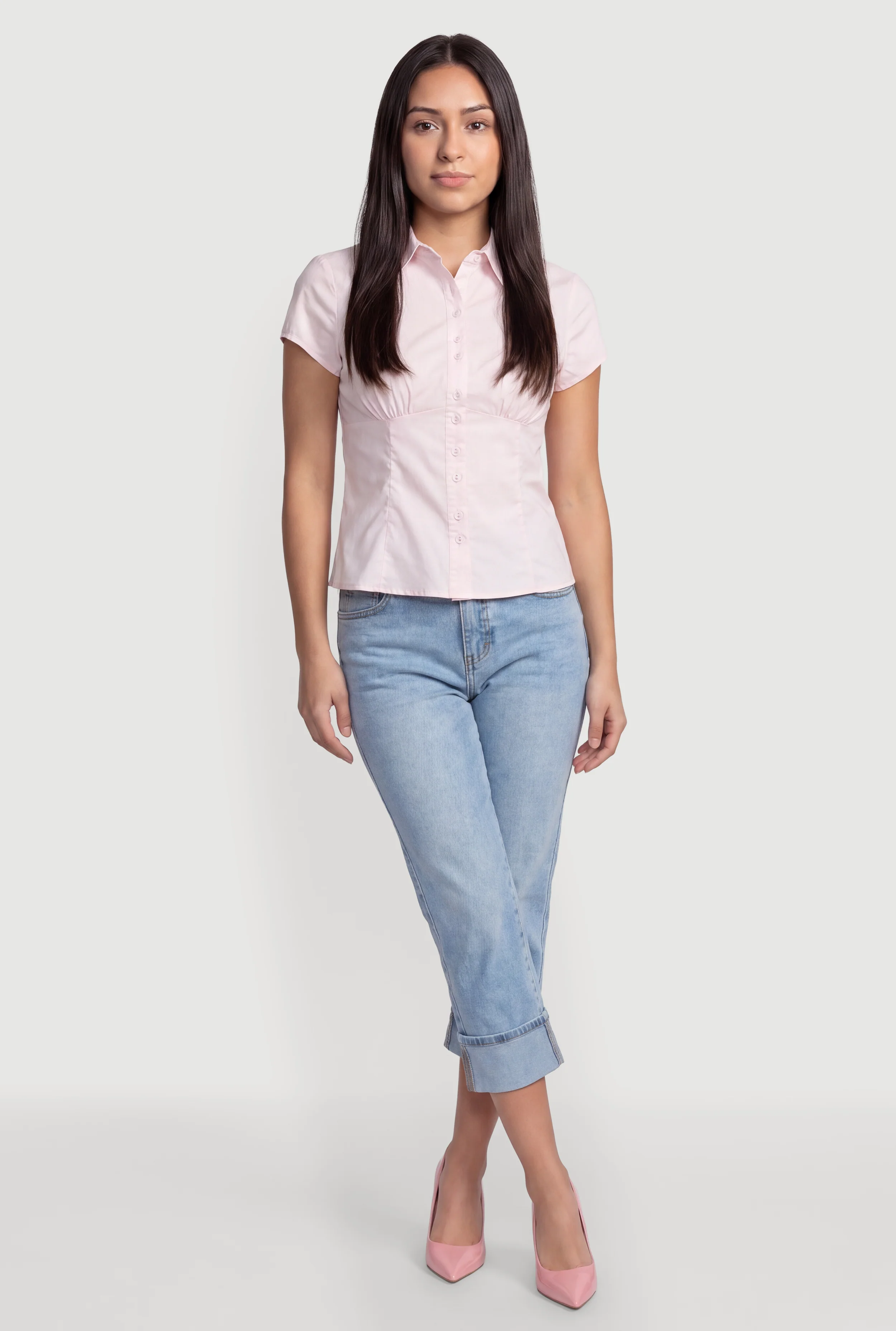 Button Front Short Sleeve Pleated Shirt