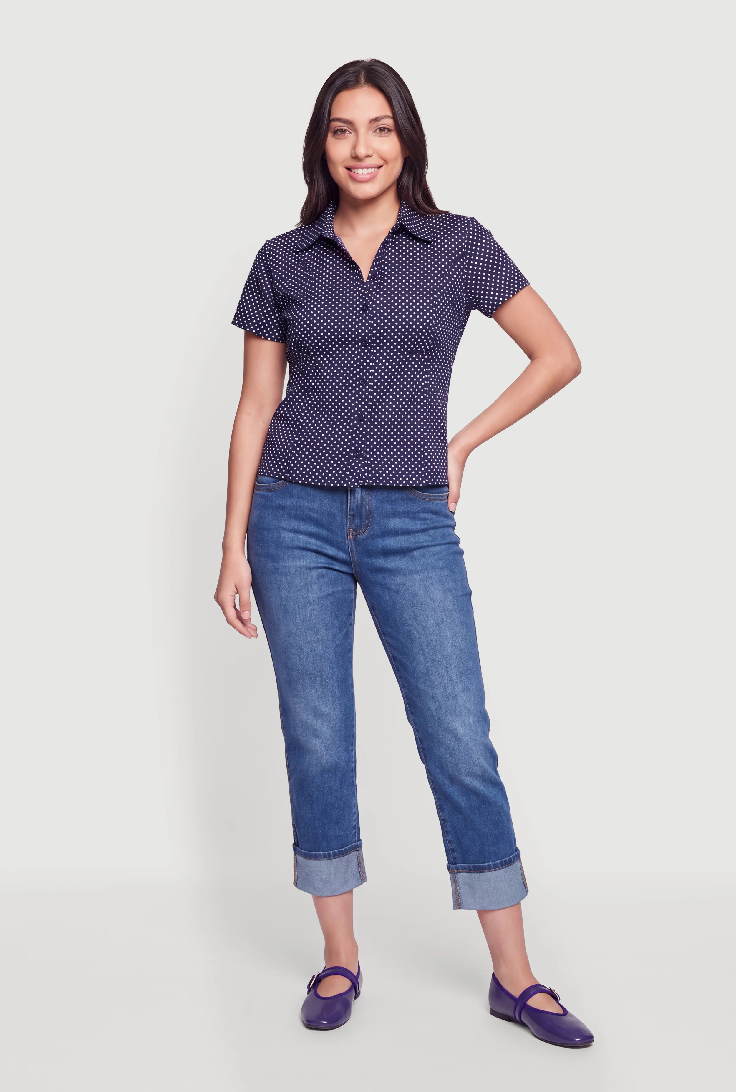 Polka Dot Button Front Short Sleeve Shirt