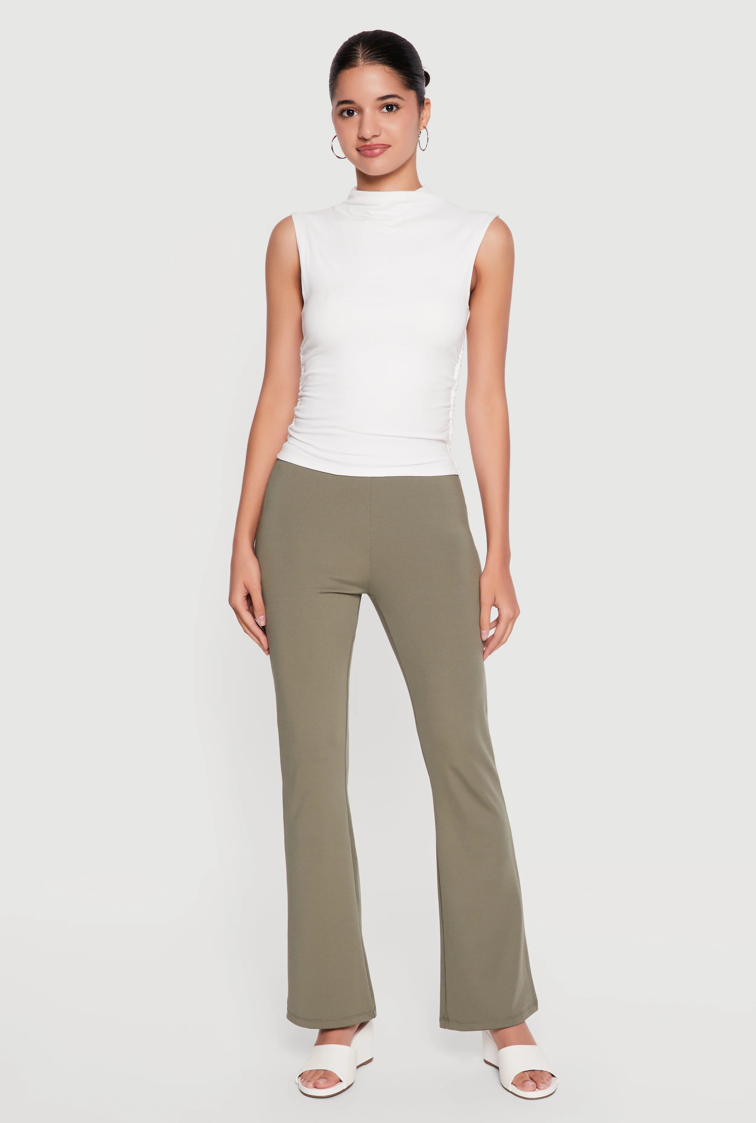 Sleeveless Soft Knit Mock Neck Blouse with Side Ruched Detail