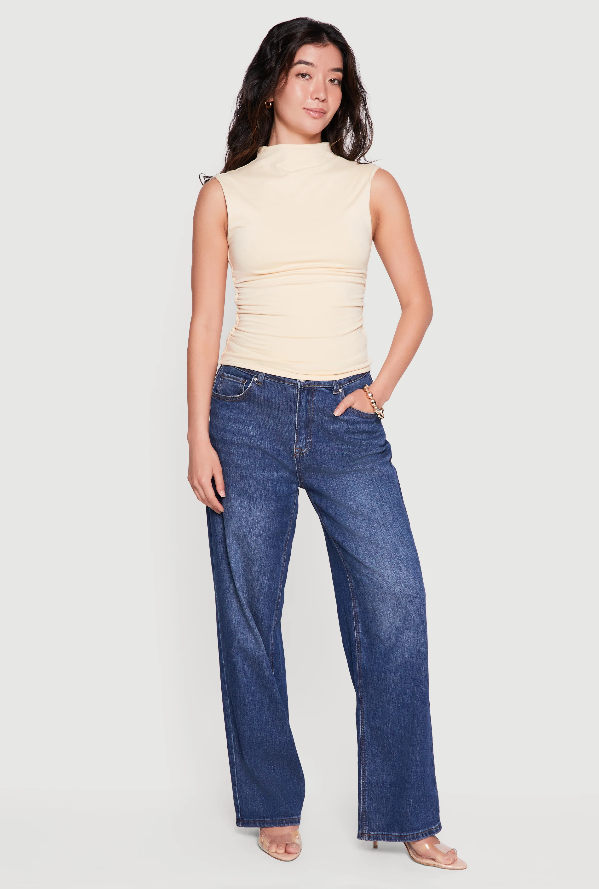 Sleeveless Soft Knit Mock Neck Blouse with Side Ruched Detail