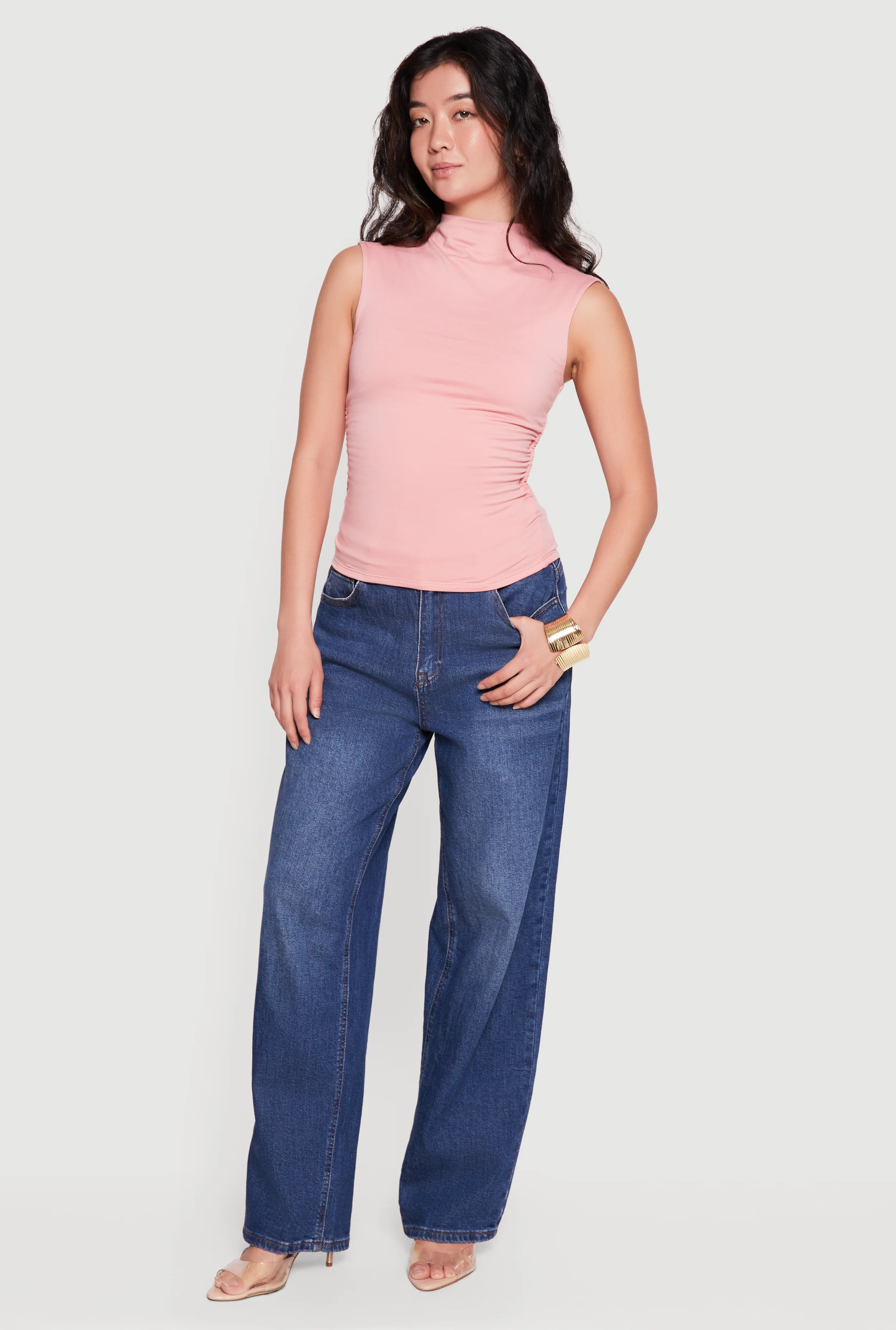 Sleeveless Soft Knit Mock Neck Blouse with Side Ruched Detail
