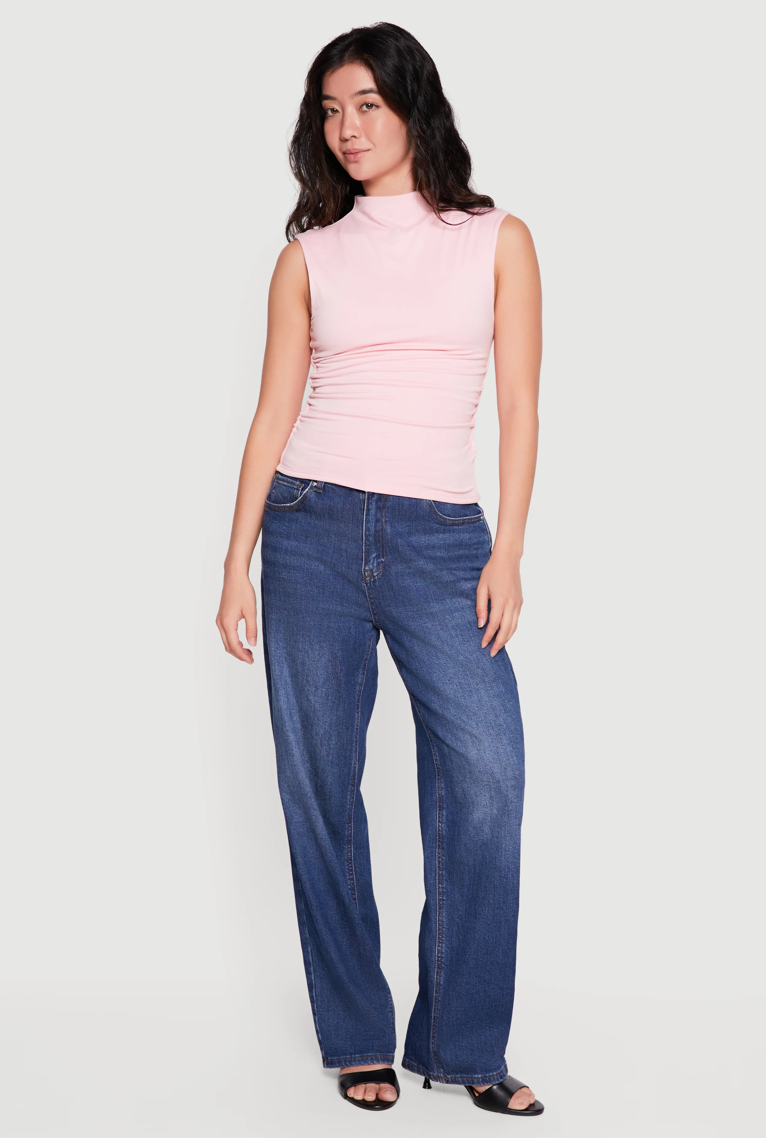 Sleeveless Soft Knit Mock Neck Blouse with Side Ruched Detail