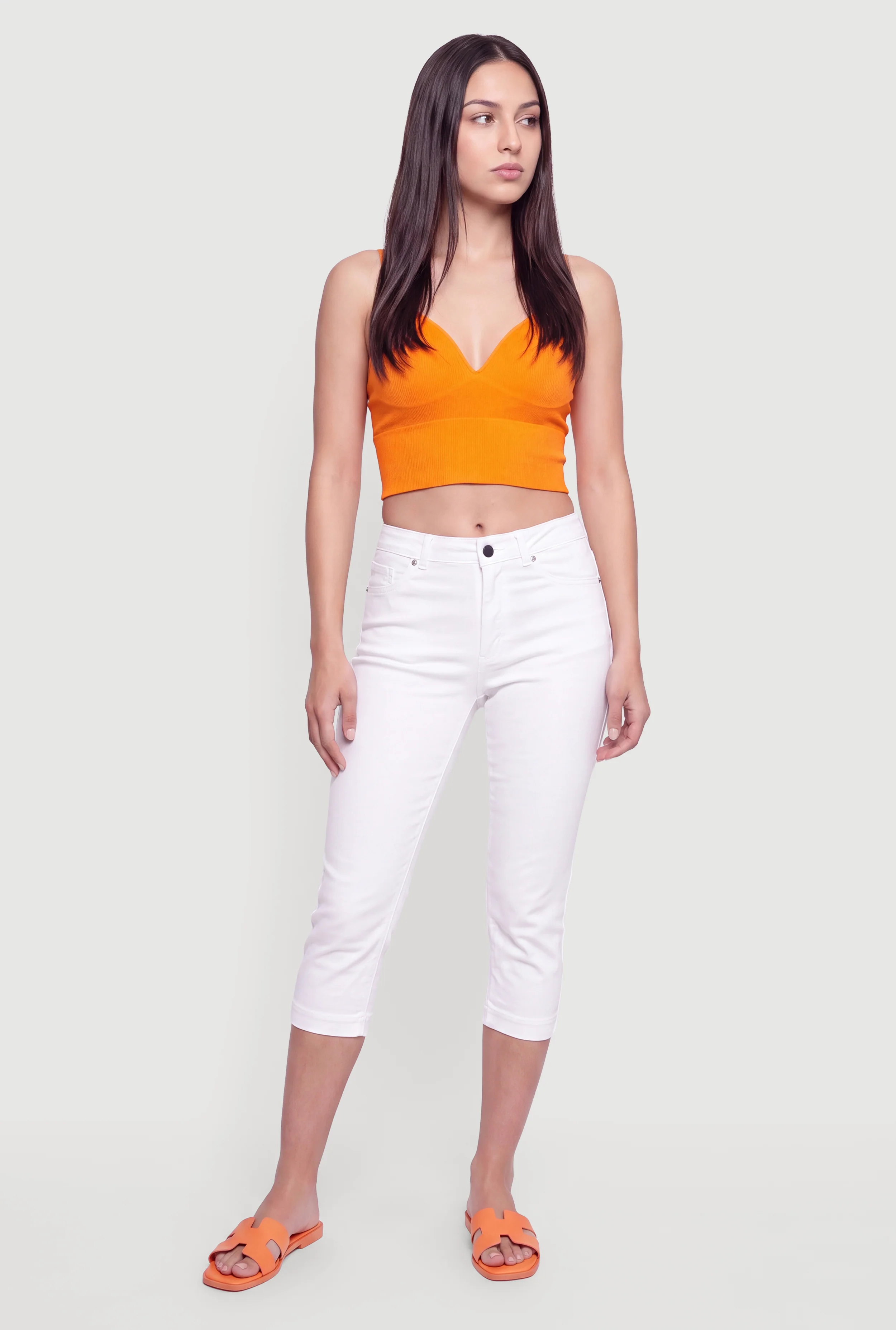Seamless V Neck Cropped Cami with Mesh Shelf Bra Lining
