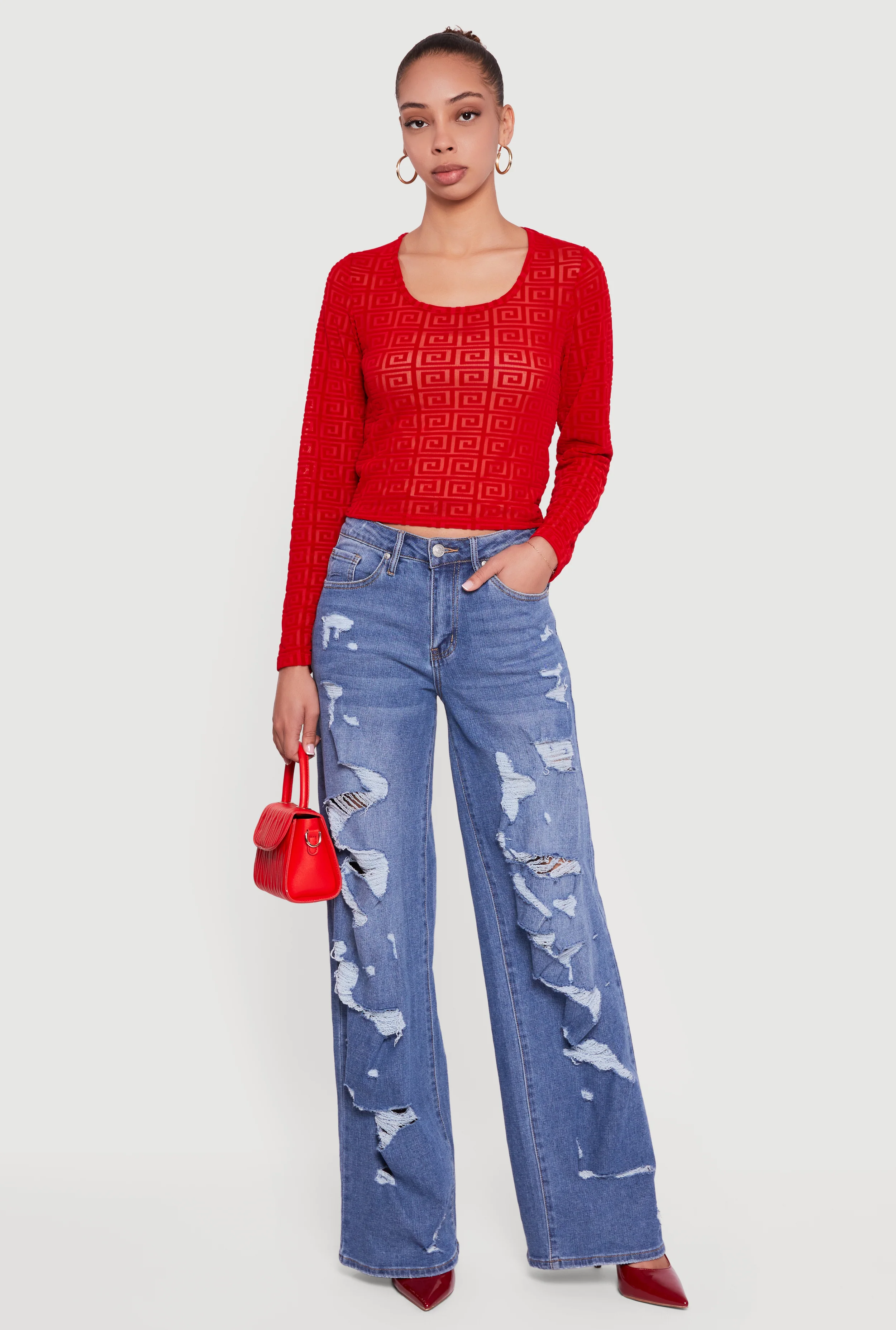 Greek Key Velvet Burnout Long Sleeve Top