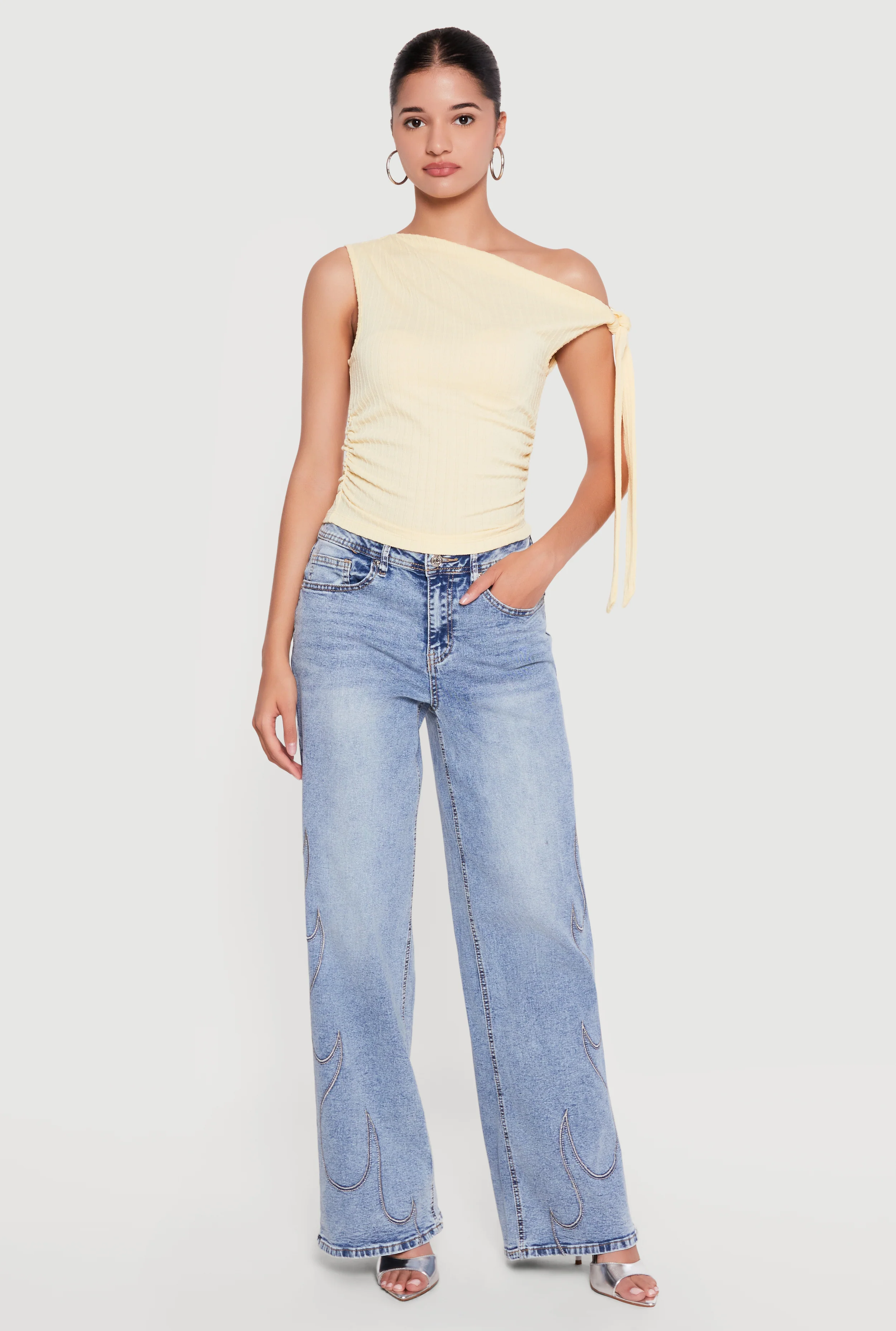 Tie Sleeve One Shoulder Side Ruched Blouse