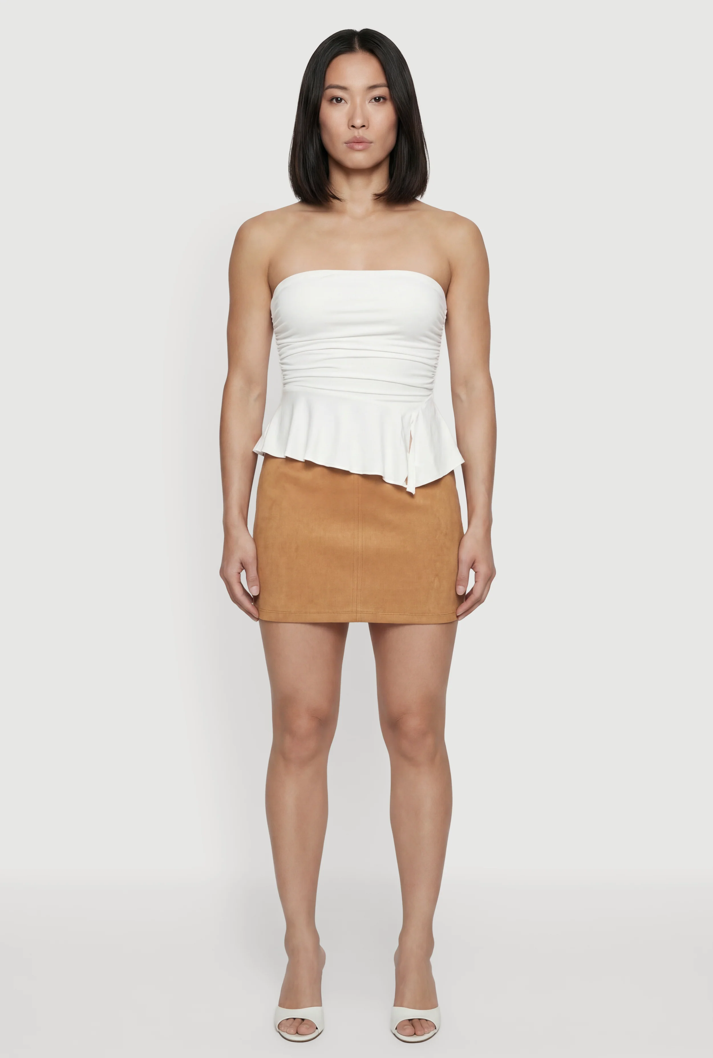 Side Ruched Ruffle Trim Peplum Crop Top