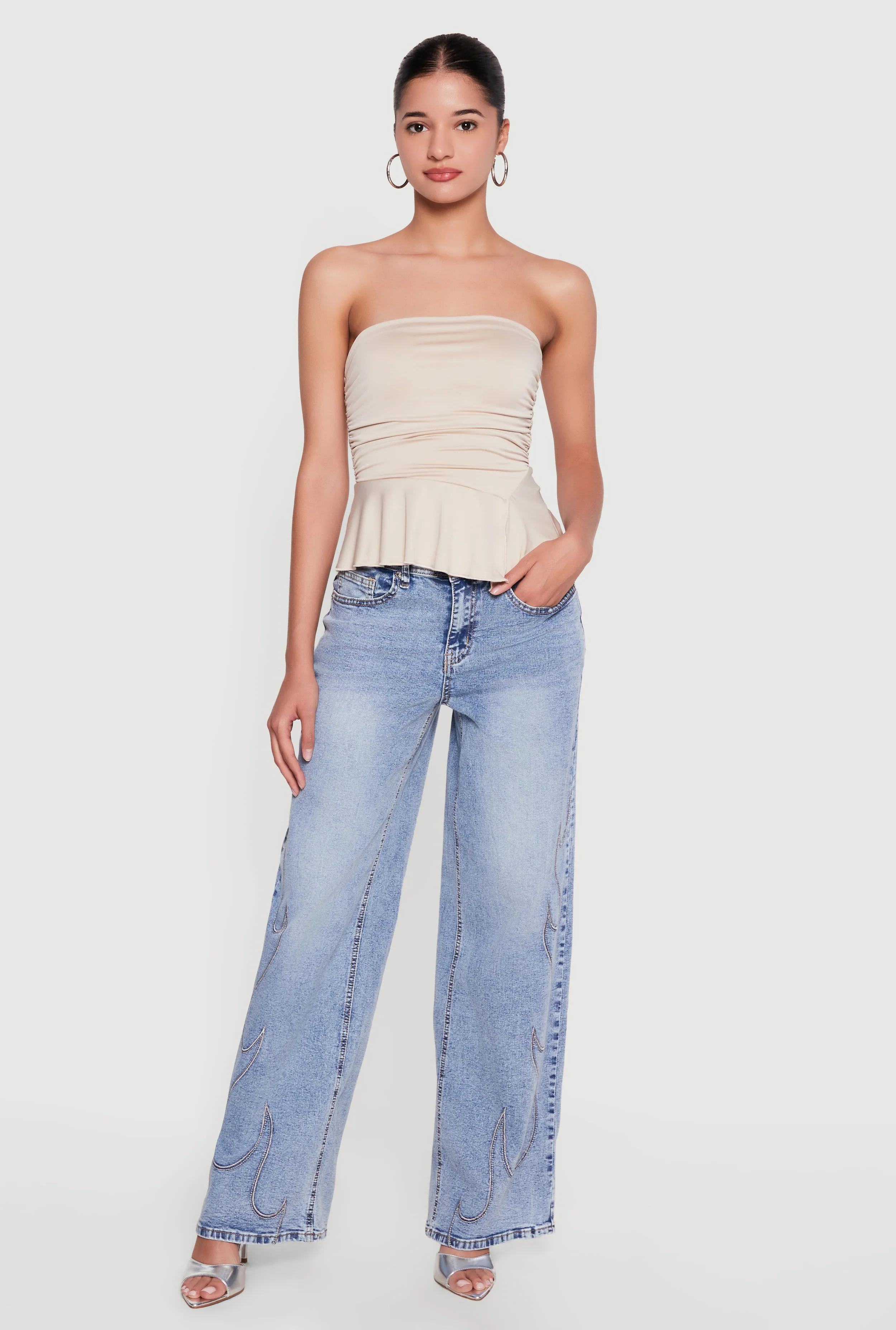 Side Ruched Ruffle Trim Peplum Crop Top