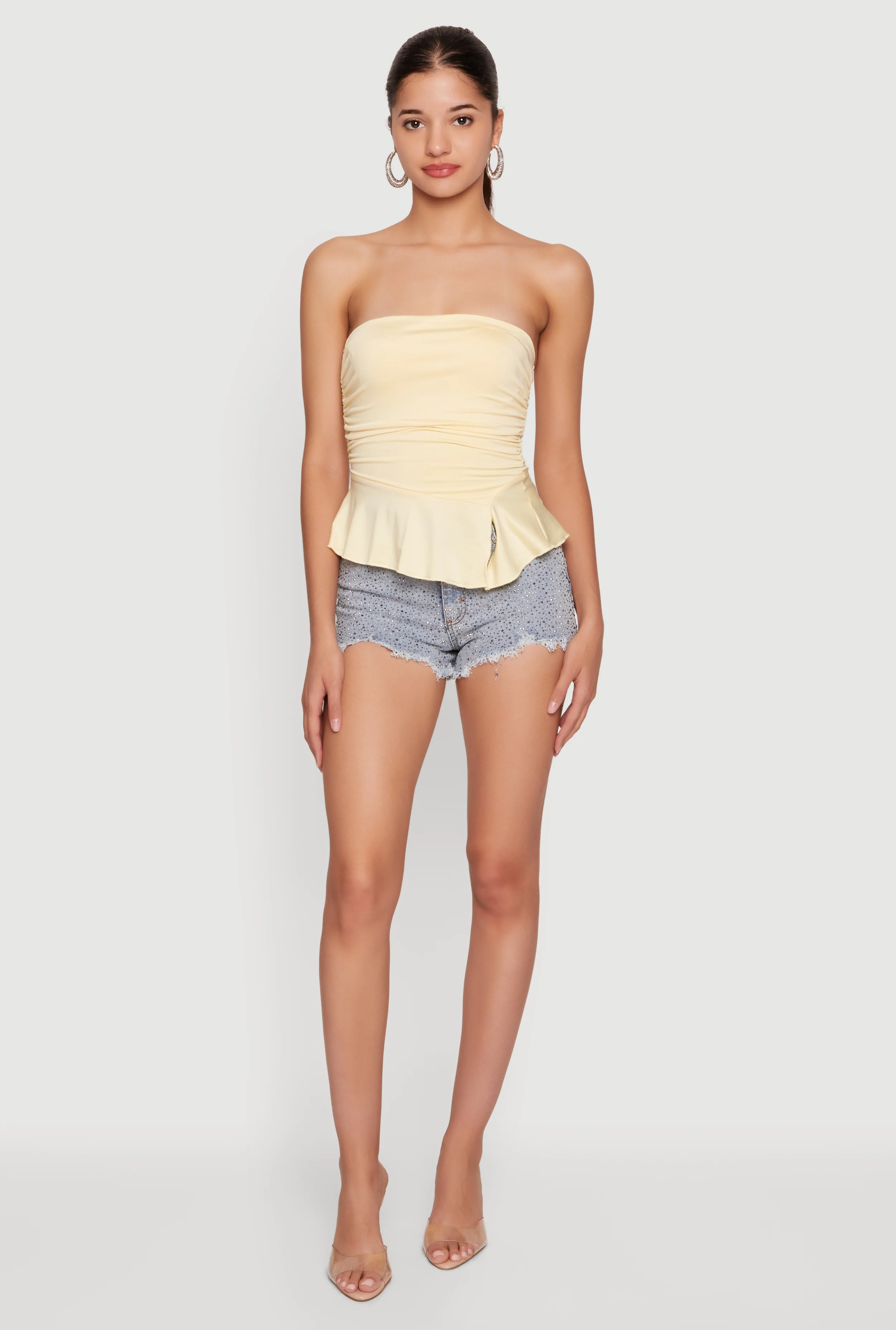 Side Ruched Ruffle Trim Peplum Crop Top