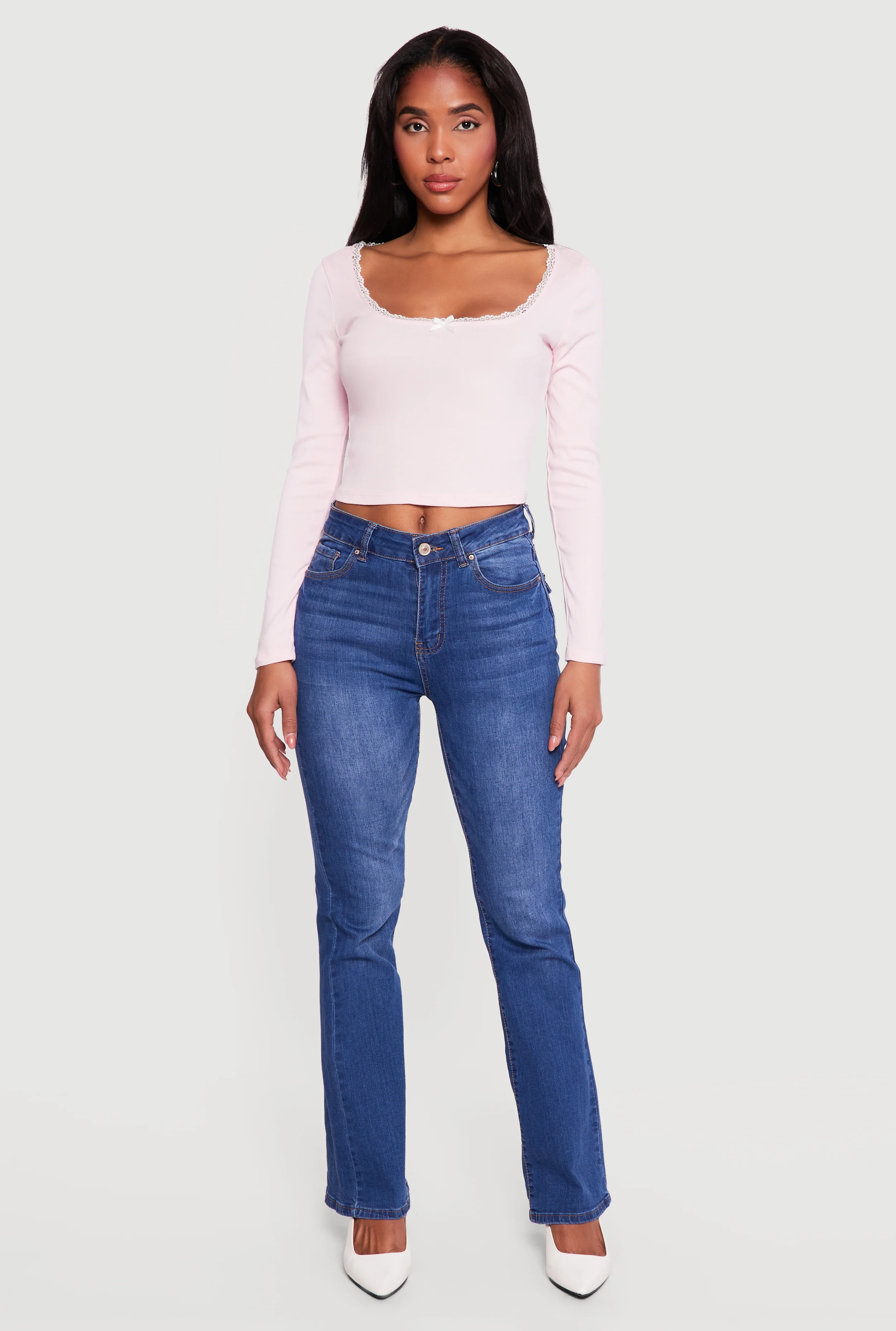Lace Trim Long Sleeve Scoop Neck Crop Top
