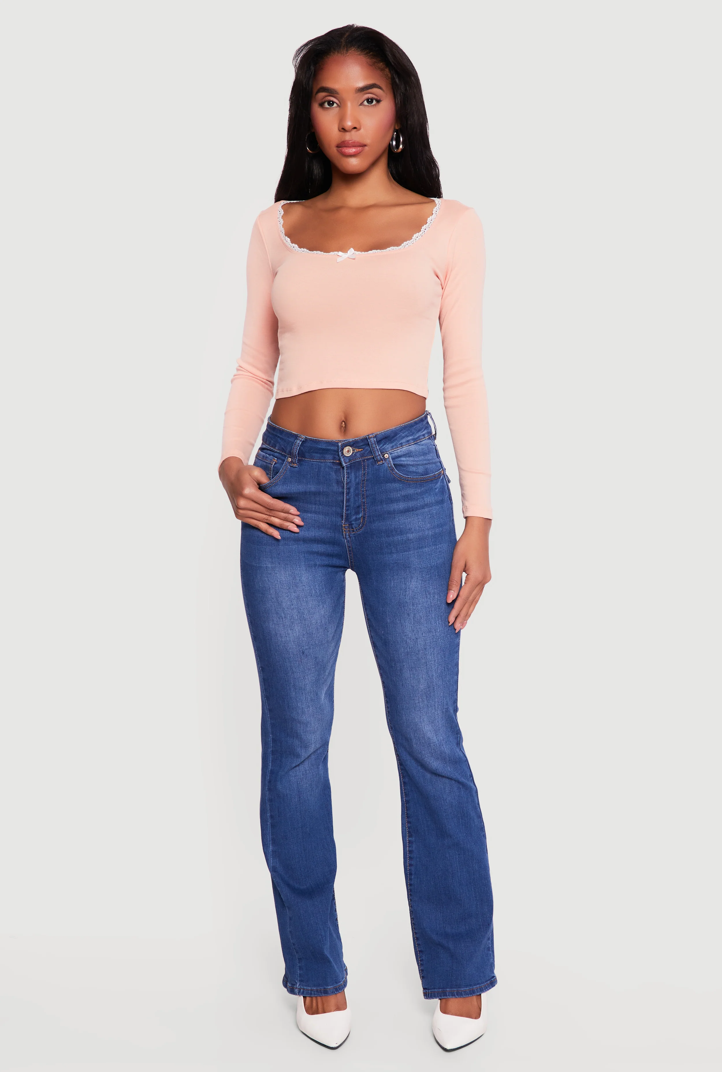 Lace Trim Long Sleeve Scoop Neck Crop Top