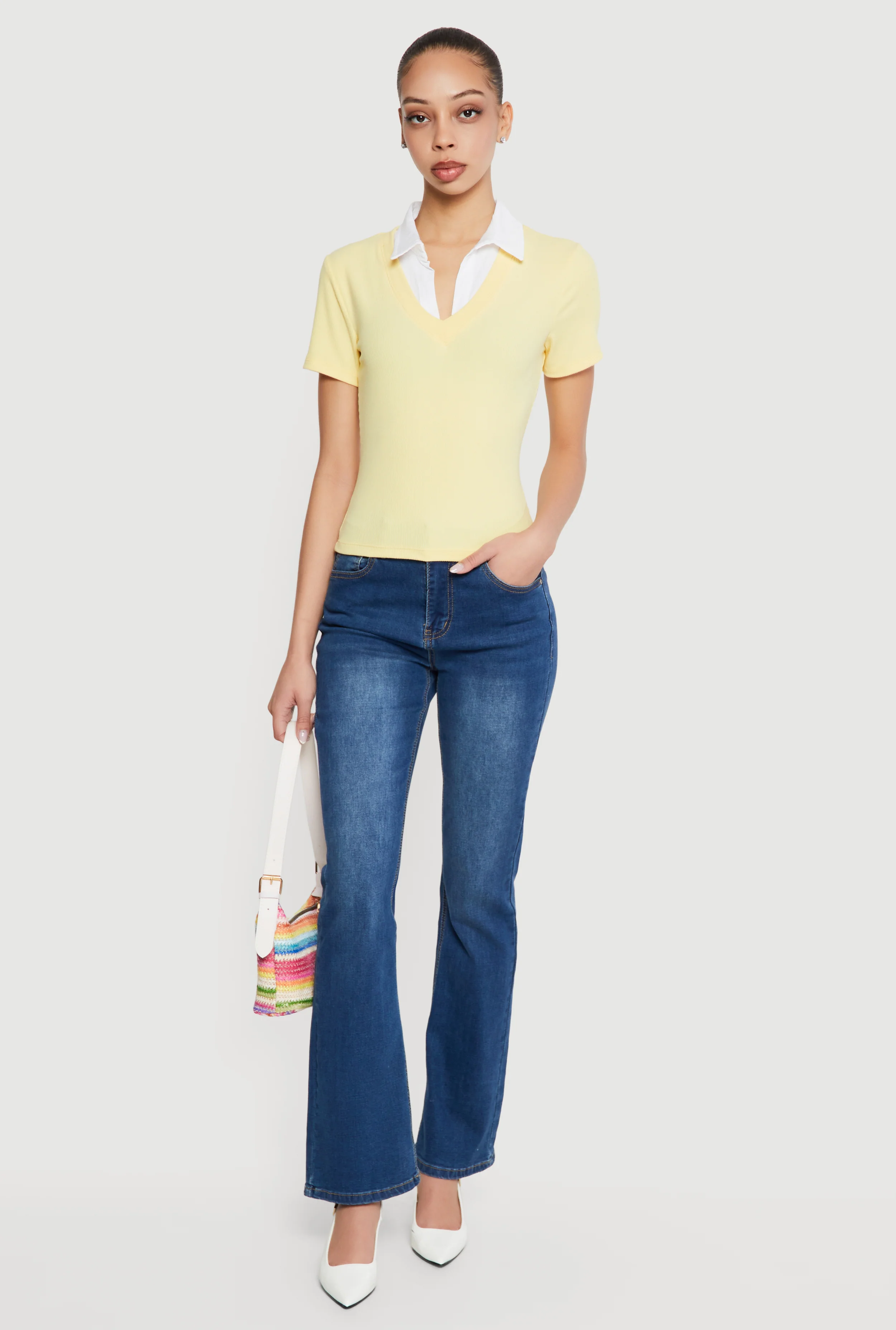 Layered Look Ribbed Knit Polo Top