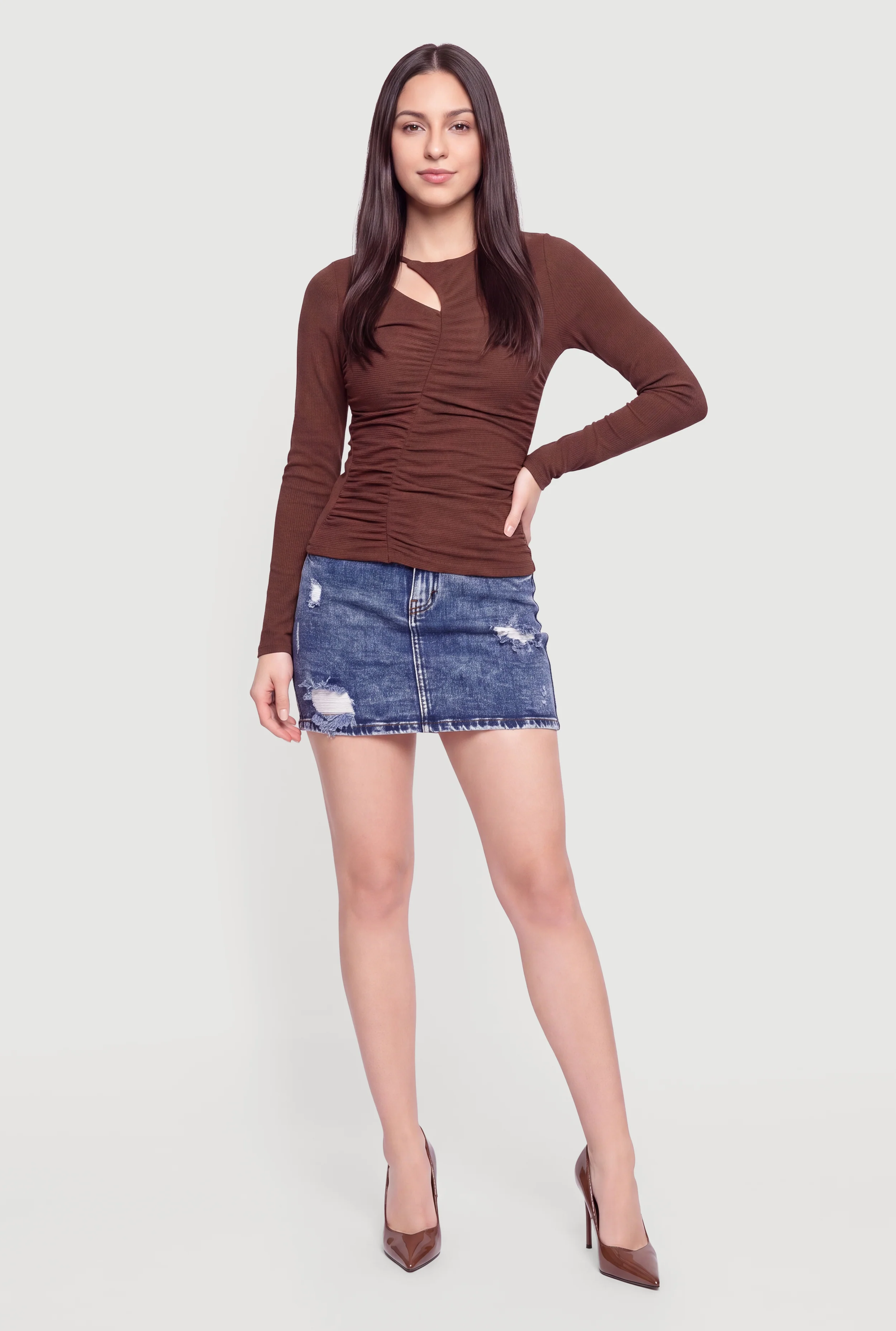 Keyhole Detail Ribbed Knit Long Sleeve Blouse