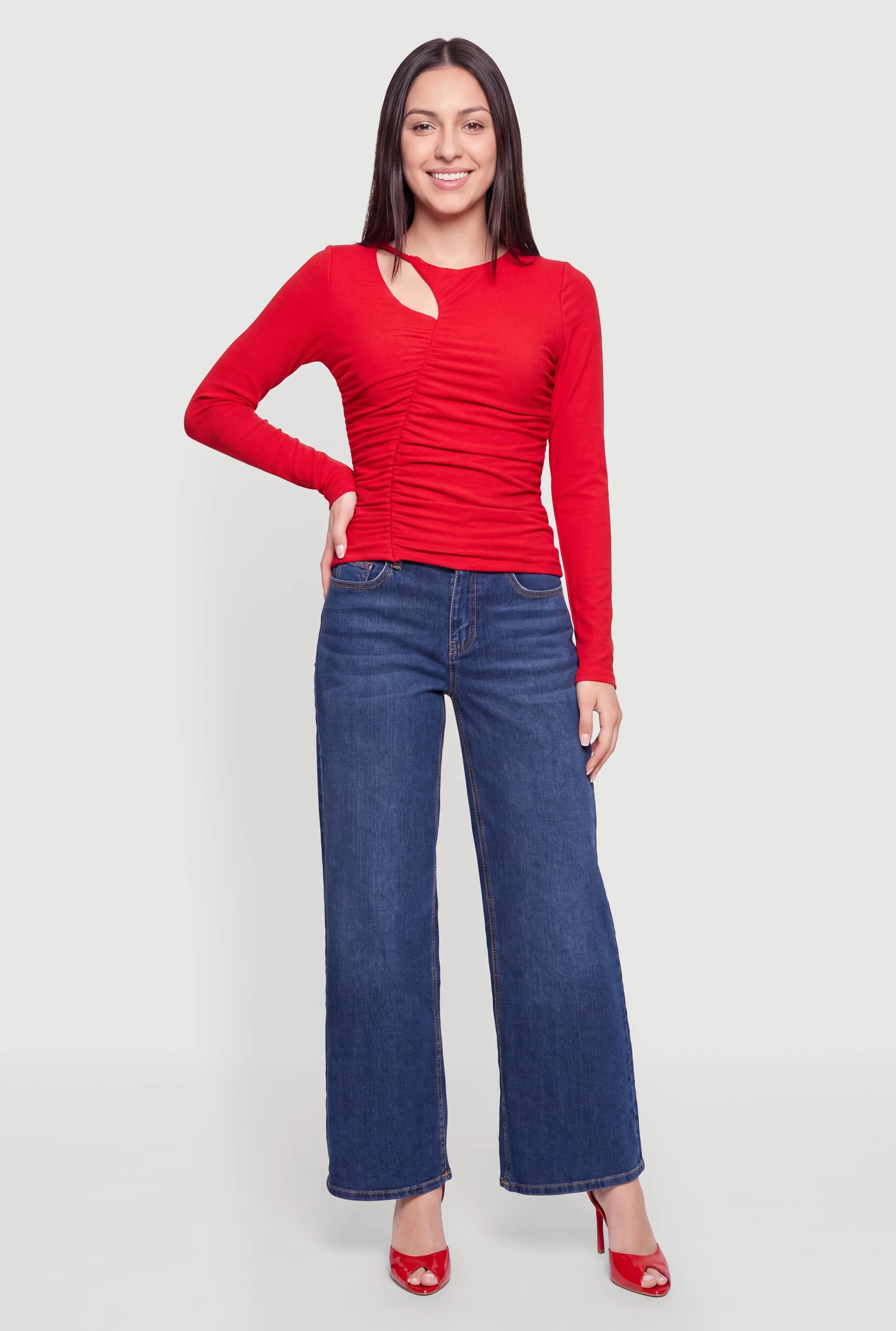 Keyhole Detail Ribbed Knit Long Sleeve Blouse