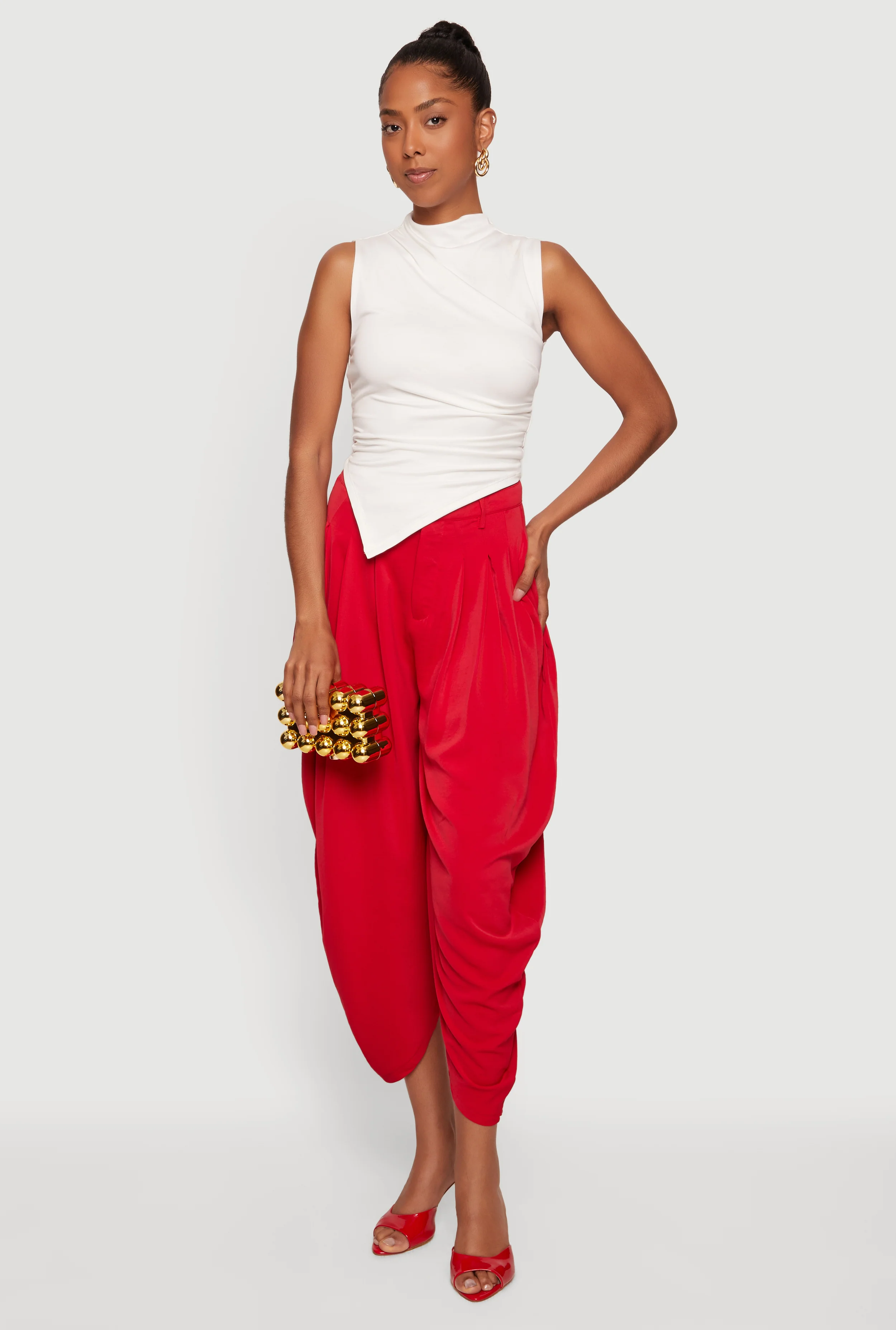 Sleeveless Asymmetrical Ruched Mock Neck Top