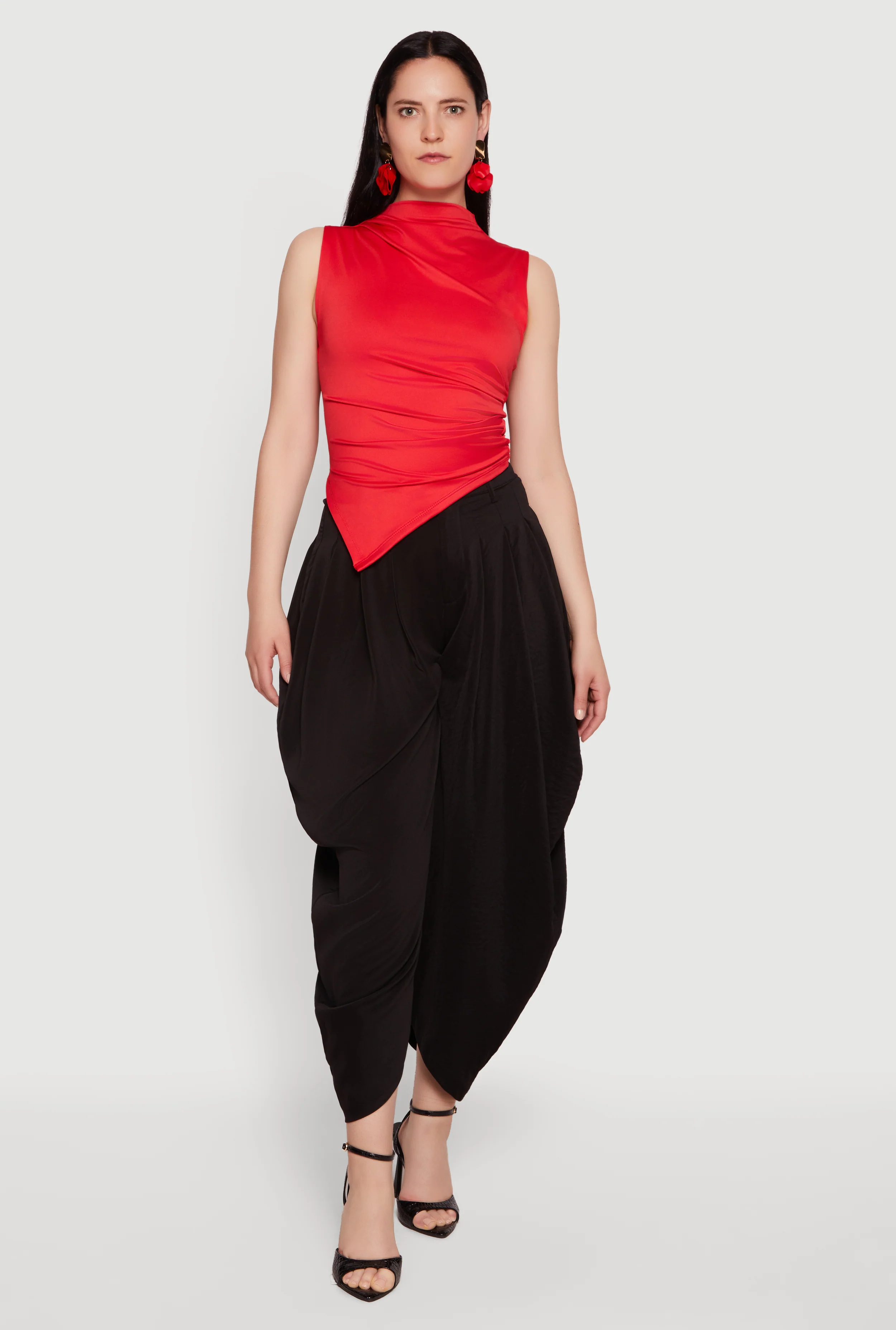 Sleeveless Asymmetrical Ruched Mock Neck Top