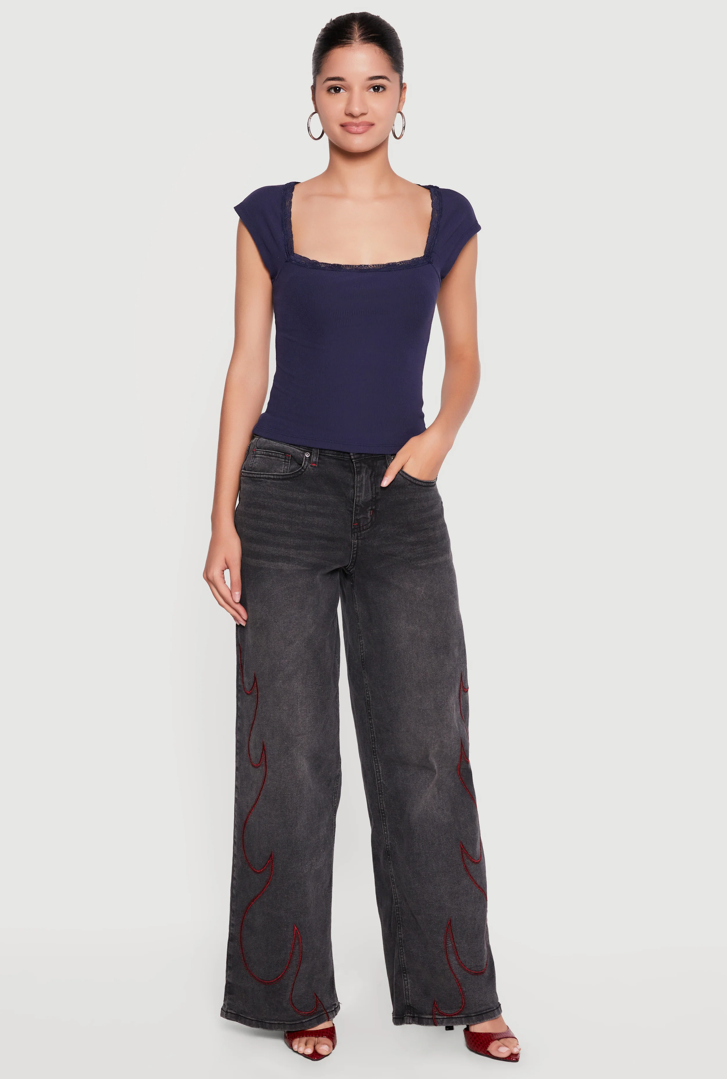 Ribbed Knit Lace Trim Cap Sleeve Tee