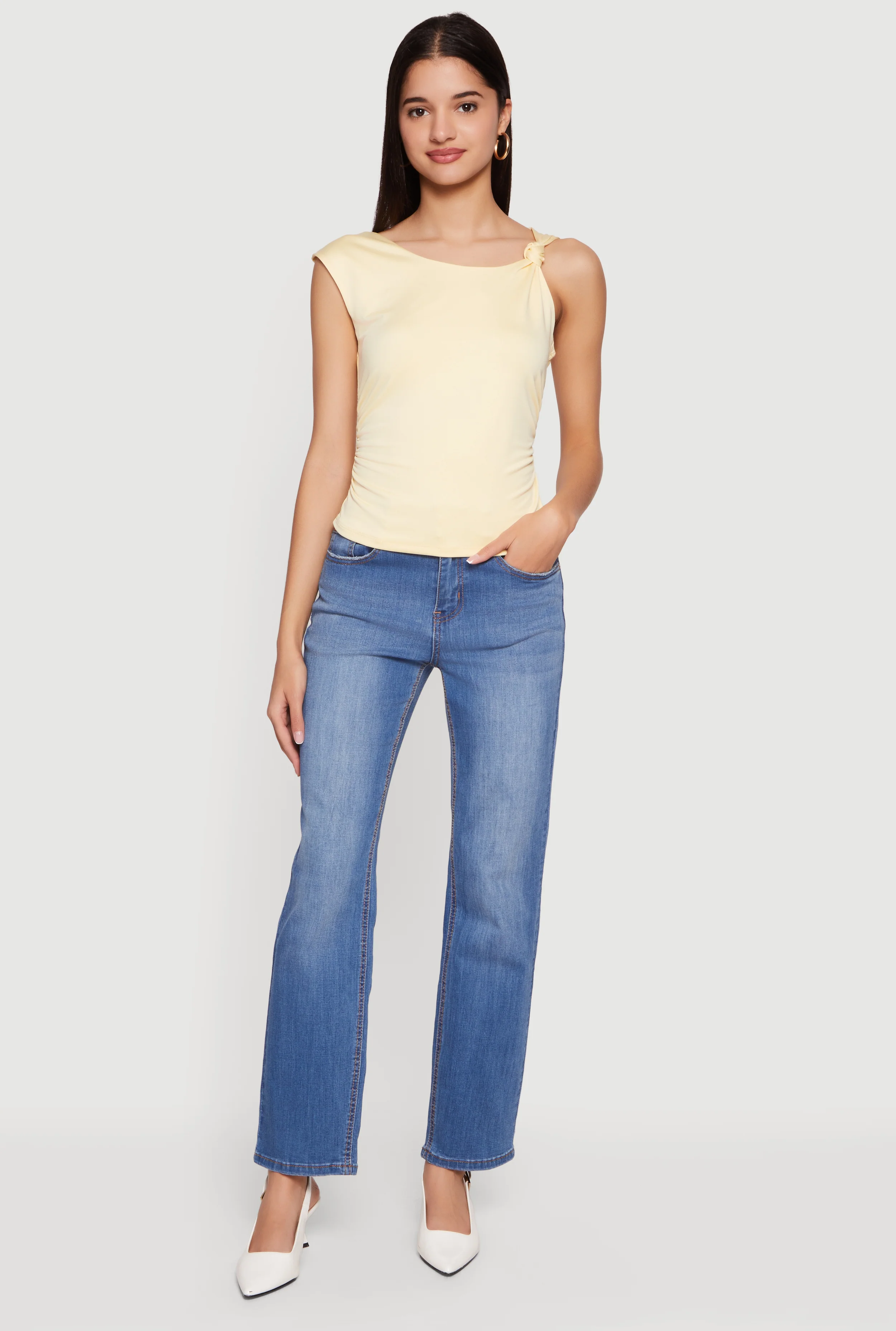 Asymmetrical Neck Ruched Sleeveless Top