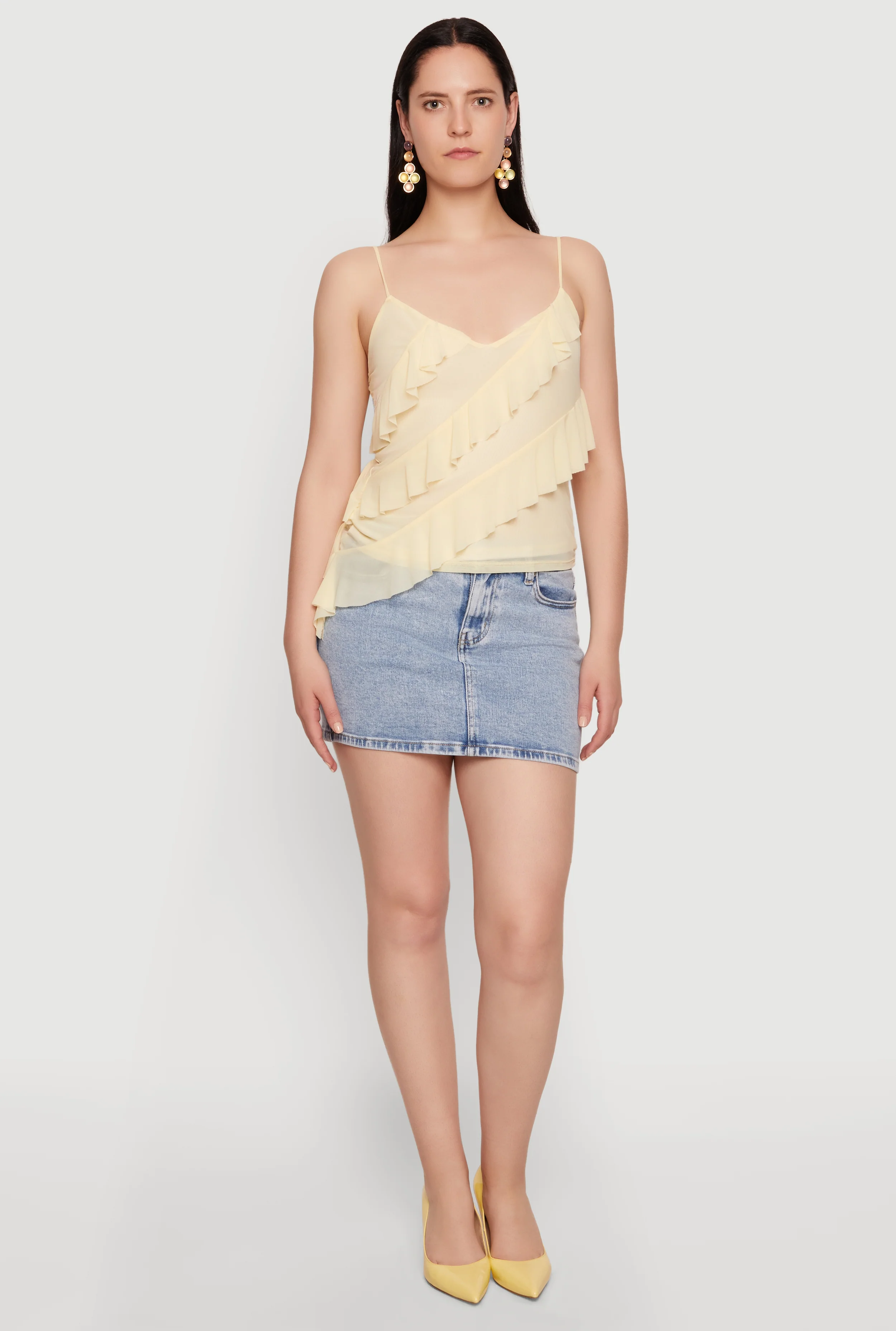 Mesh Ruffle Tiered V Neck Cami