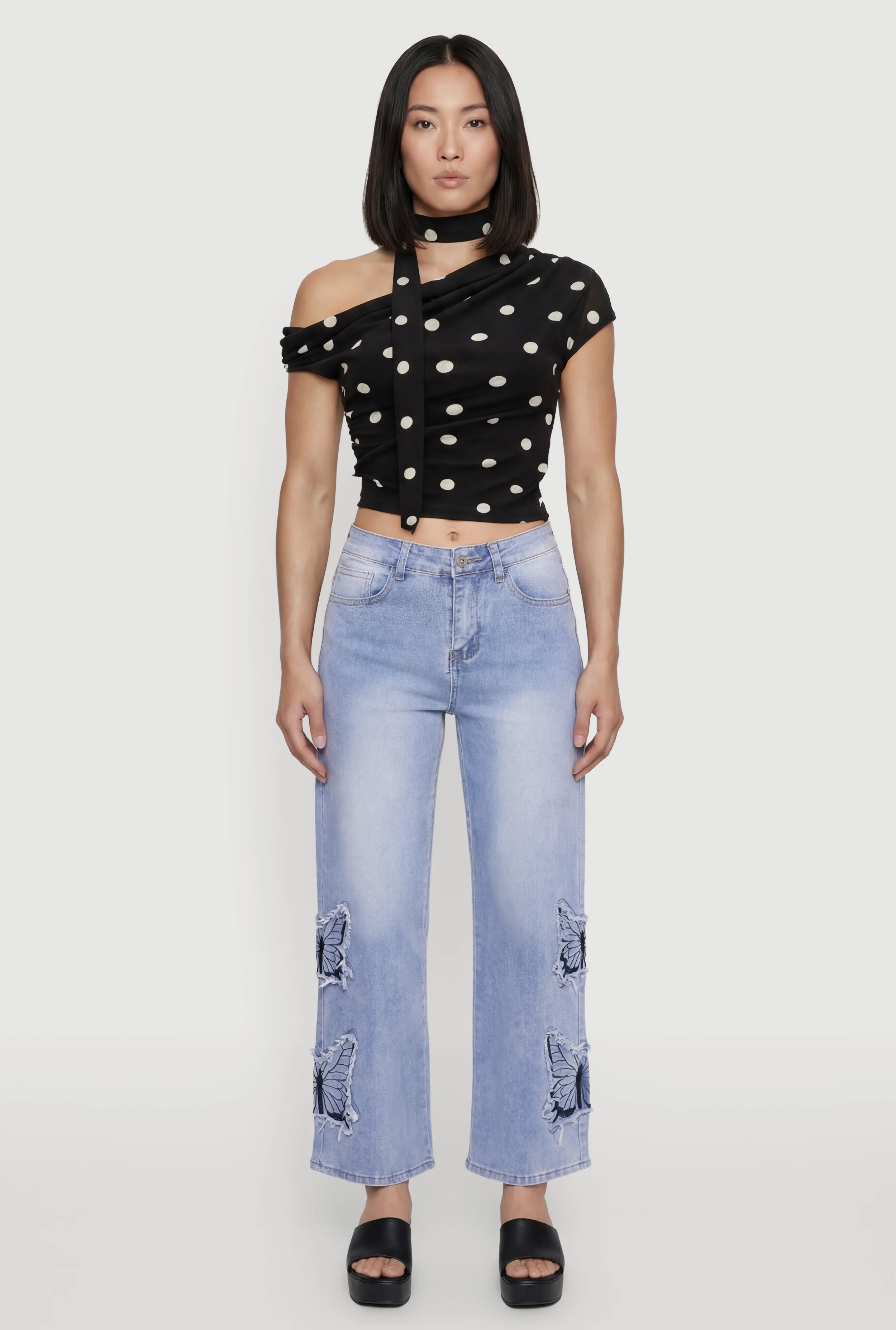 One Shoulder Scarf Neck Polka Dot Crop Blouse