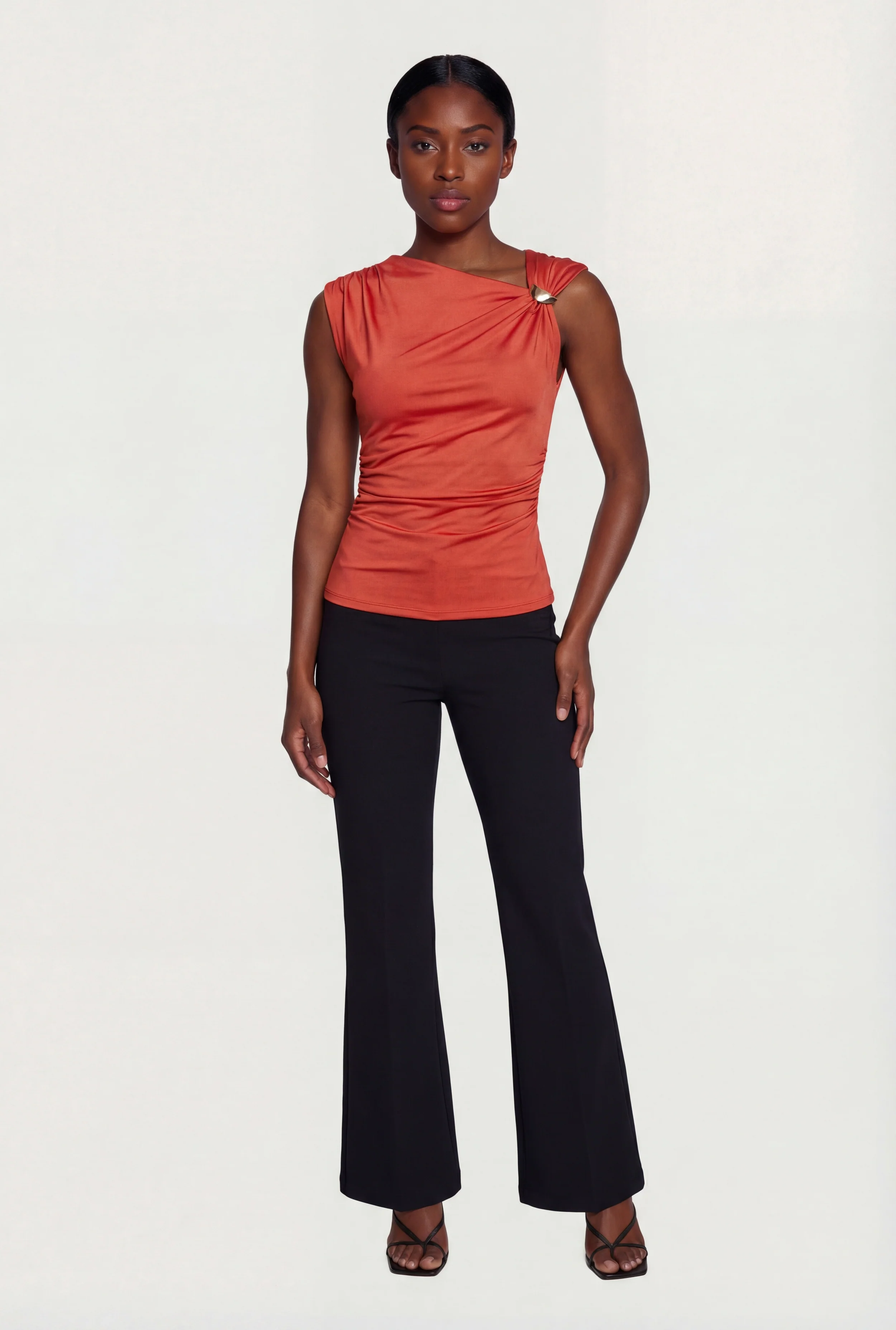 Asymmetrical Neckline Ruched Blouse with Metallic Detail