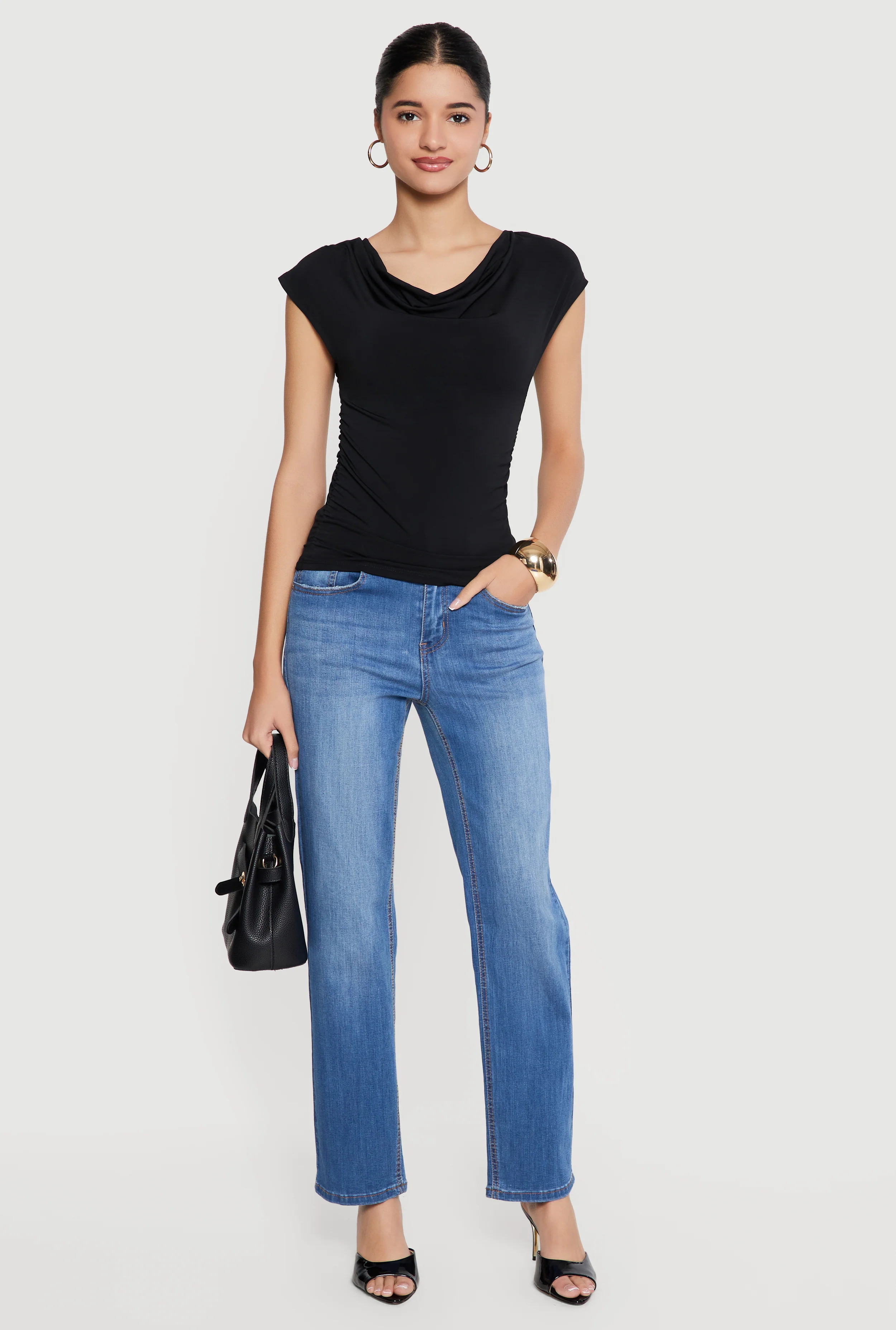 Ruched Side Cap Sleeve Cowl Neck Top