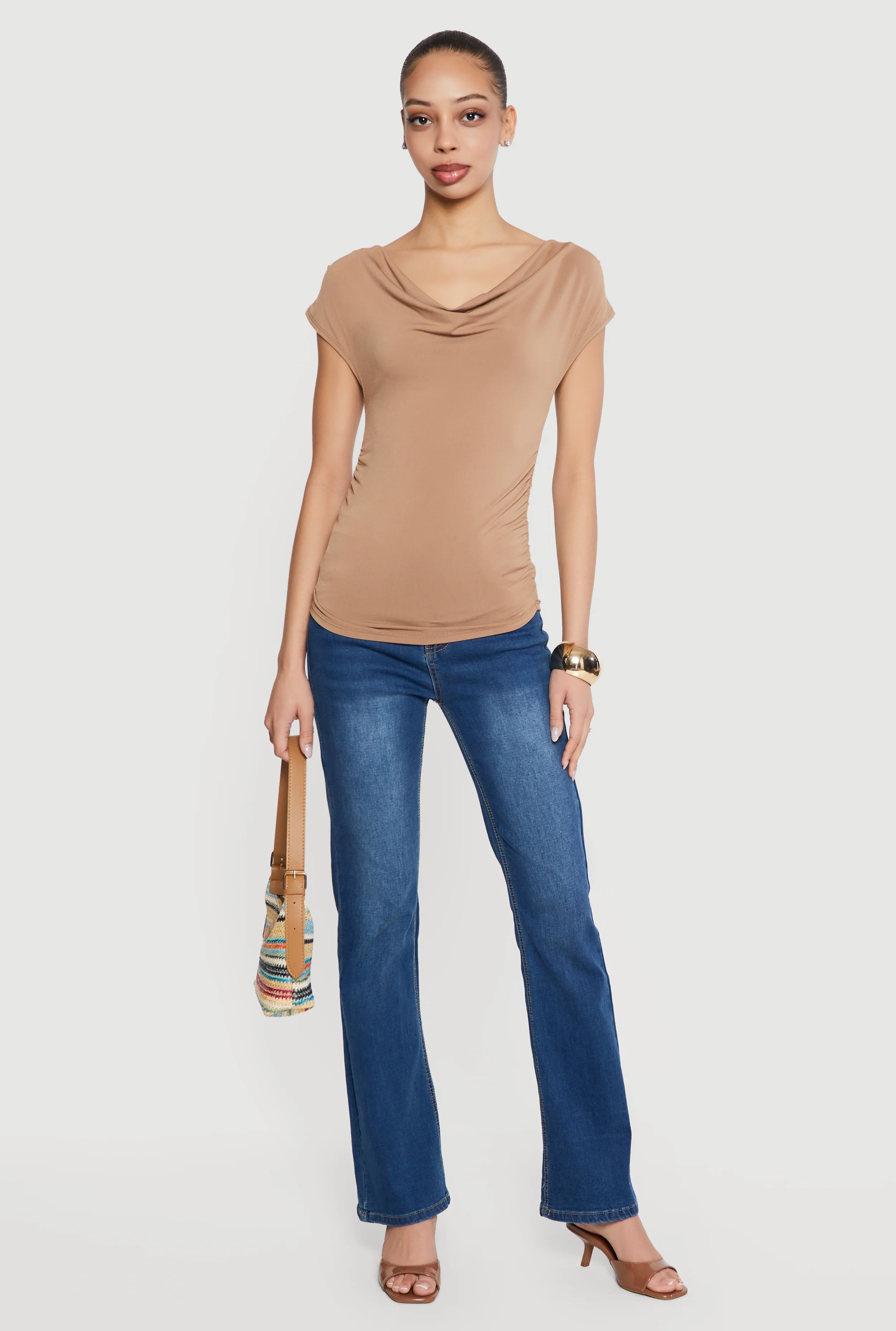 Ruched Side Cap Sleeve Cowl Neck Top