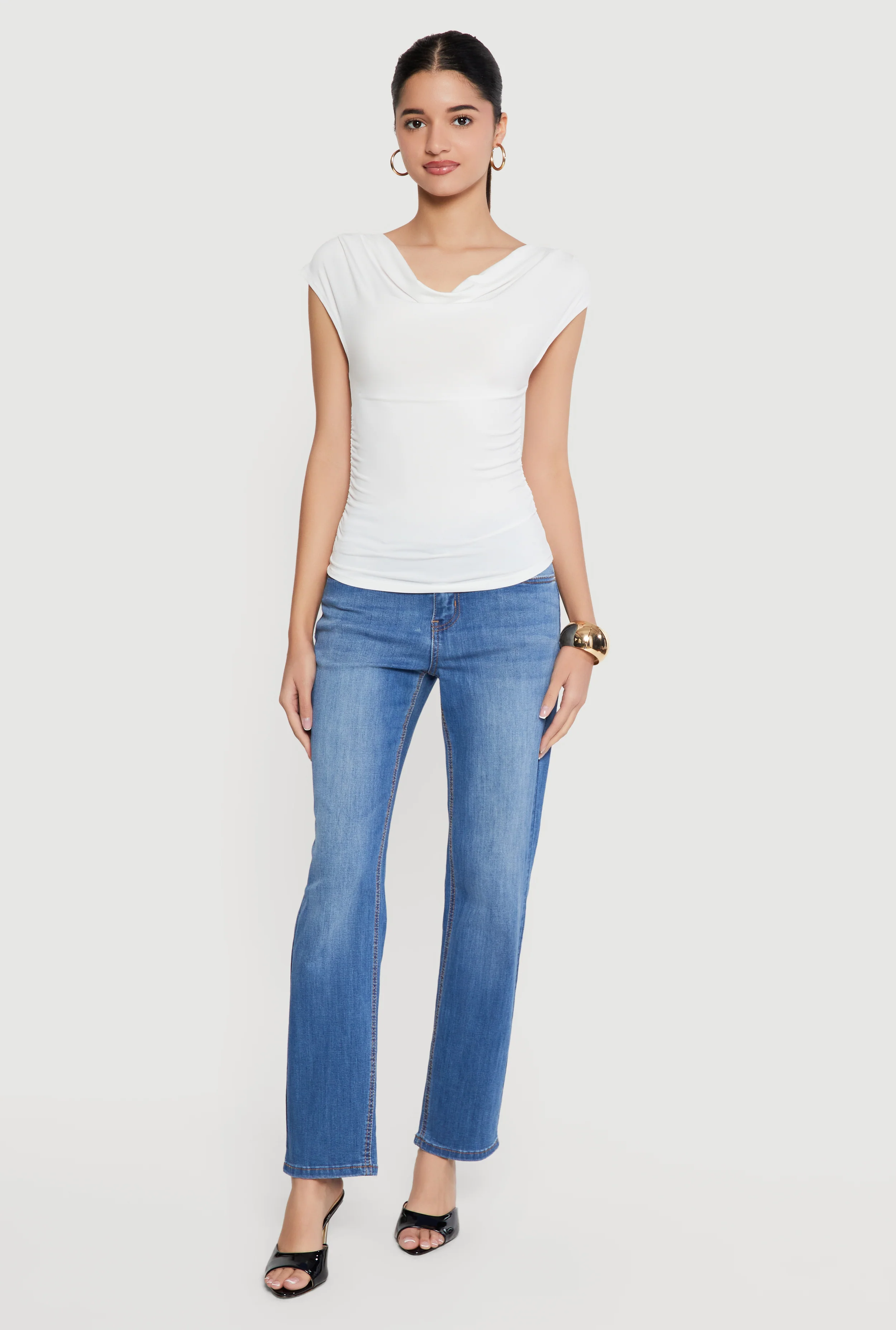 Ruched Side Cap Sleeve Cowl Neck Top
