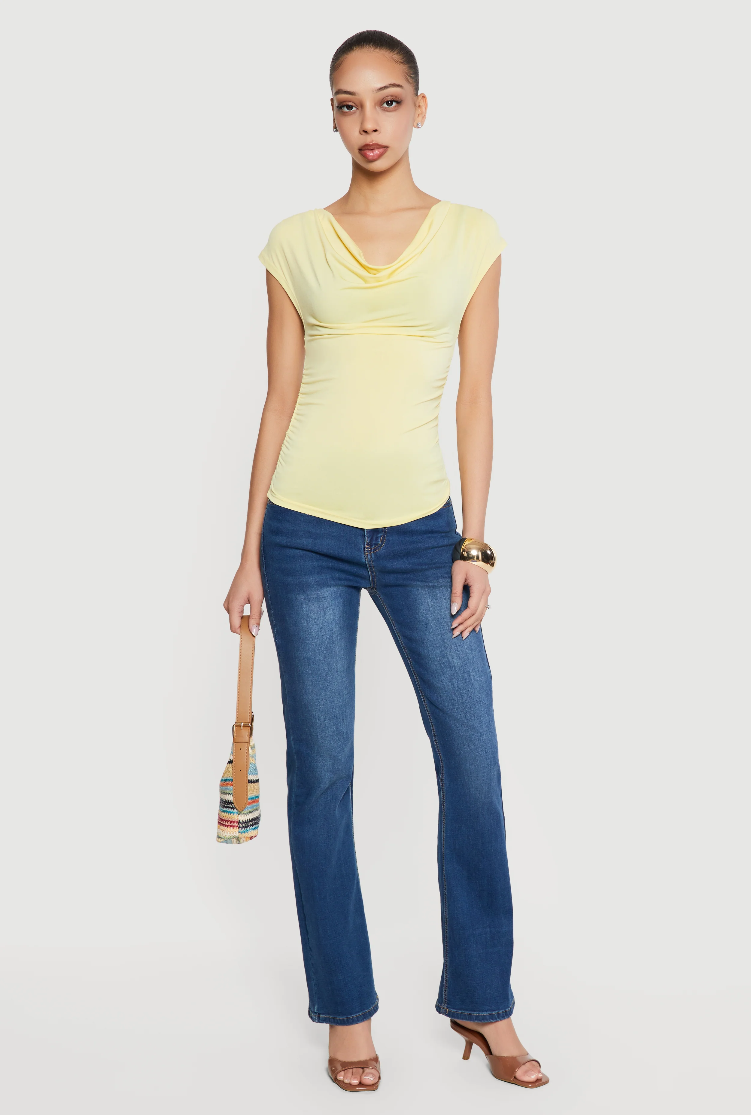 Ruched Side Cap Sleeve Cowl Neck Top