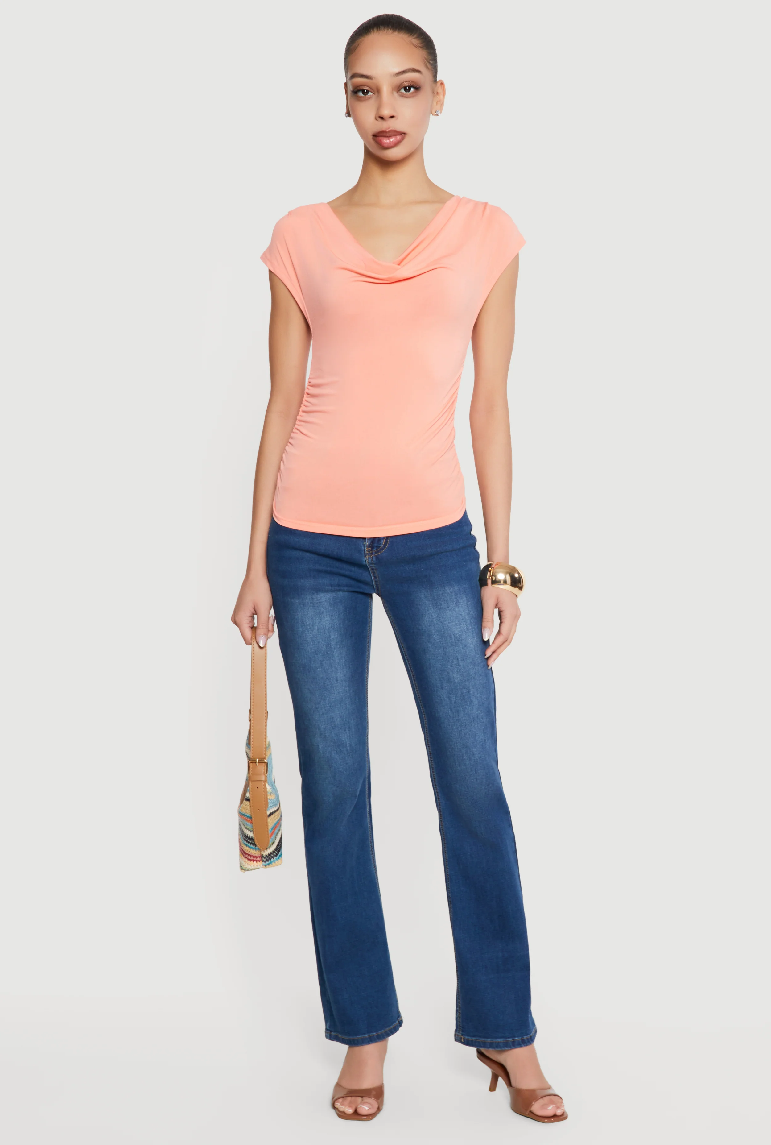 Ruched Side Cap Sleeve Cowl Neck Top