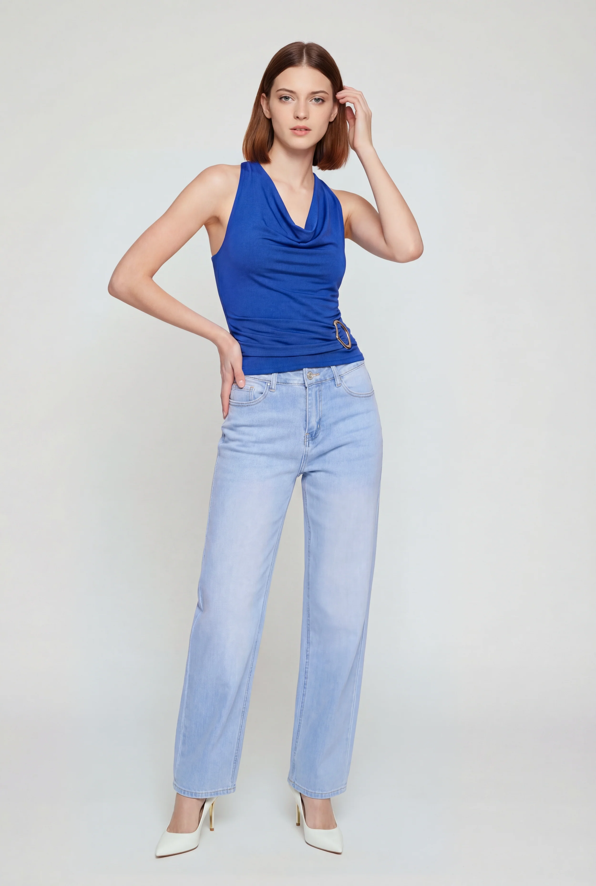Side Ruched Metallic Detail Cowl Neck Halter Top