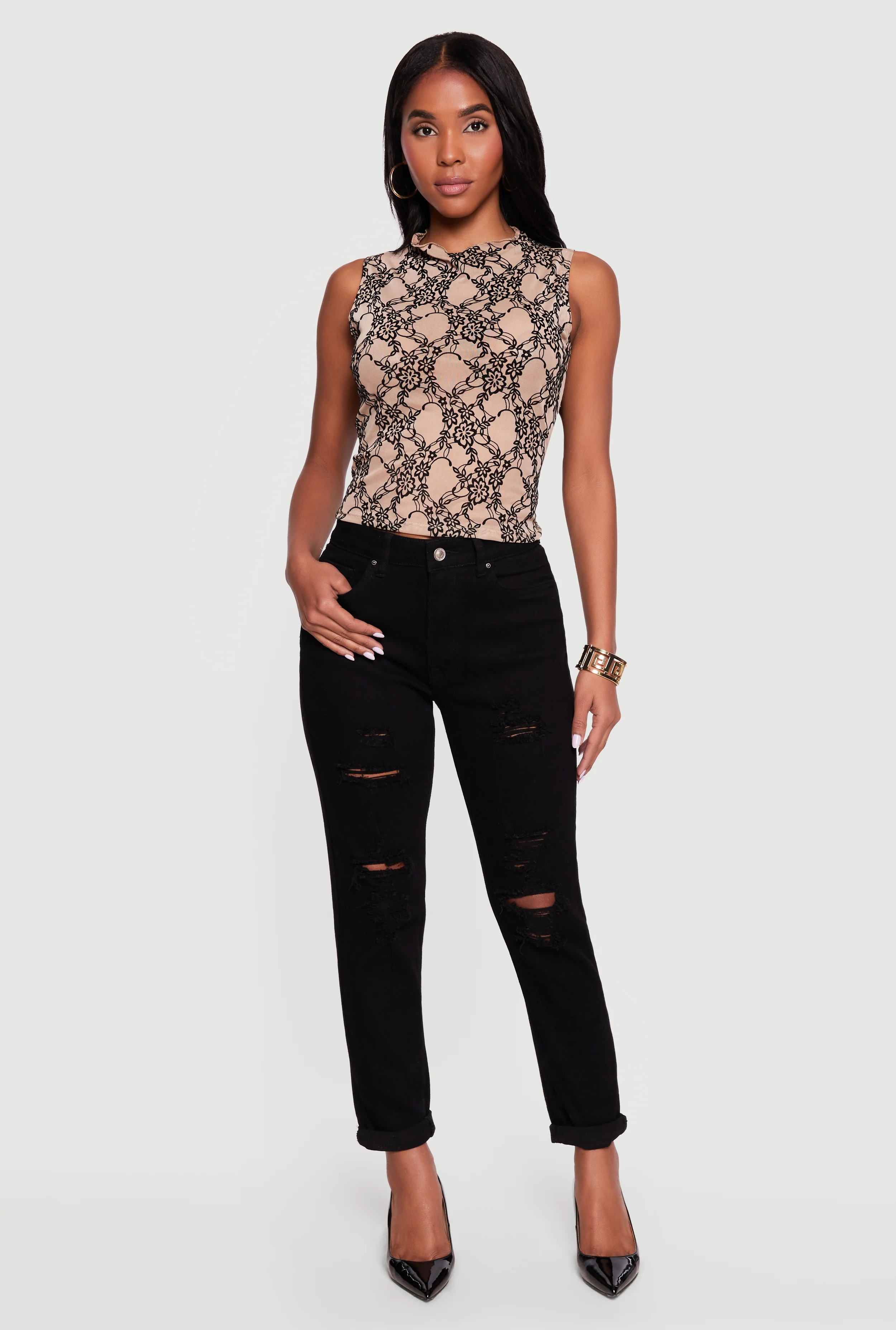 Floral Velvet Burnout Print Mock Neck Blouse