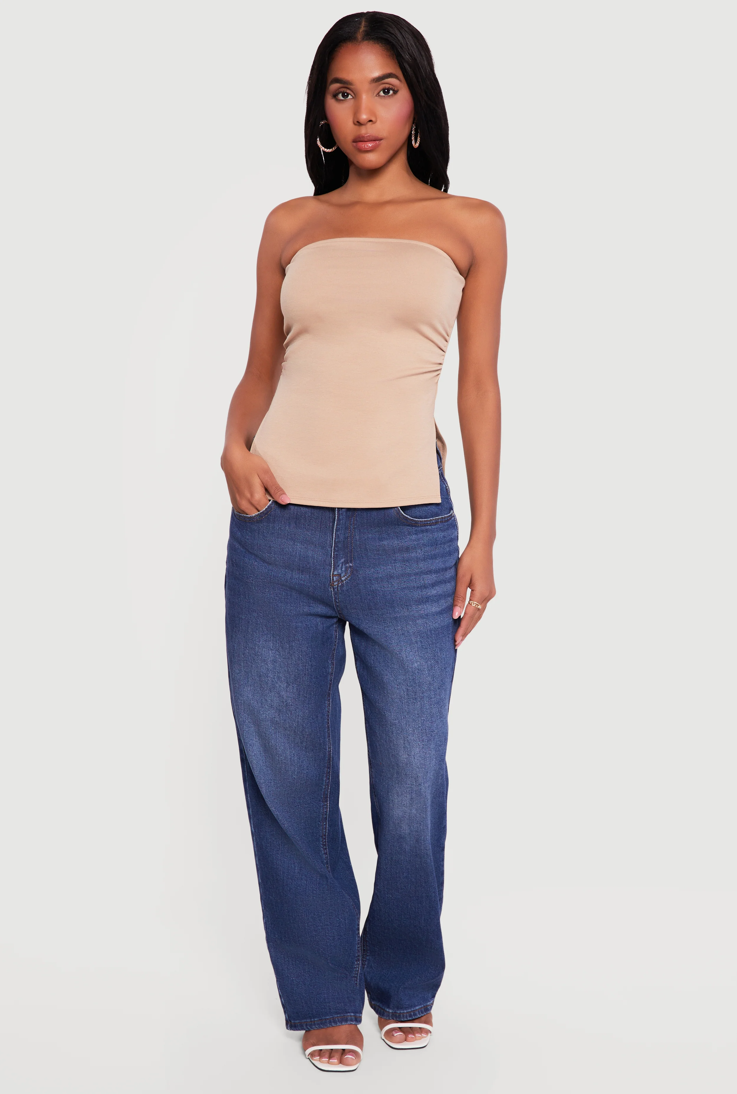 Side Ruched Split Hem Tube Top