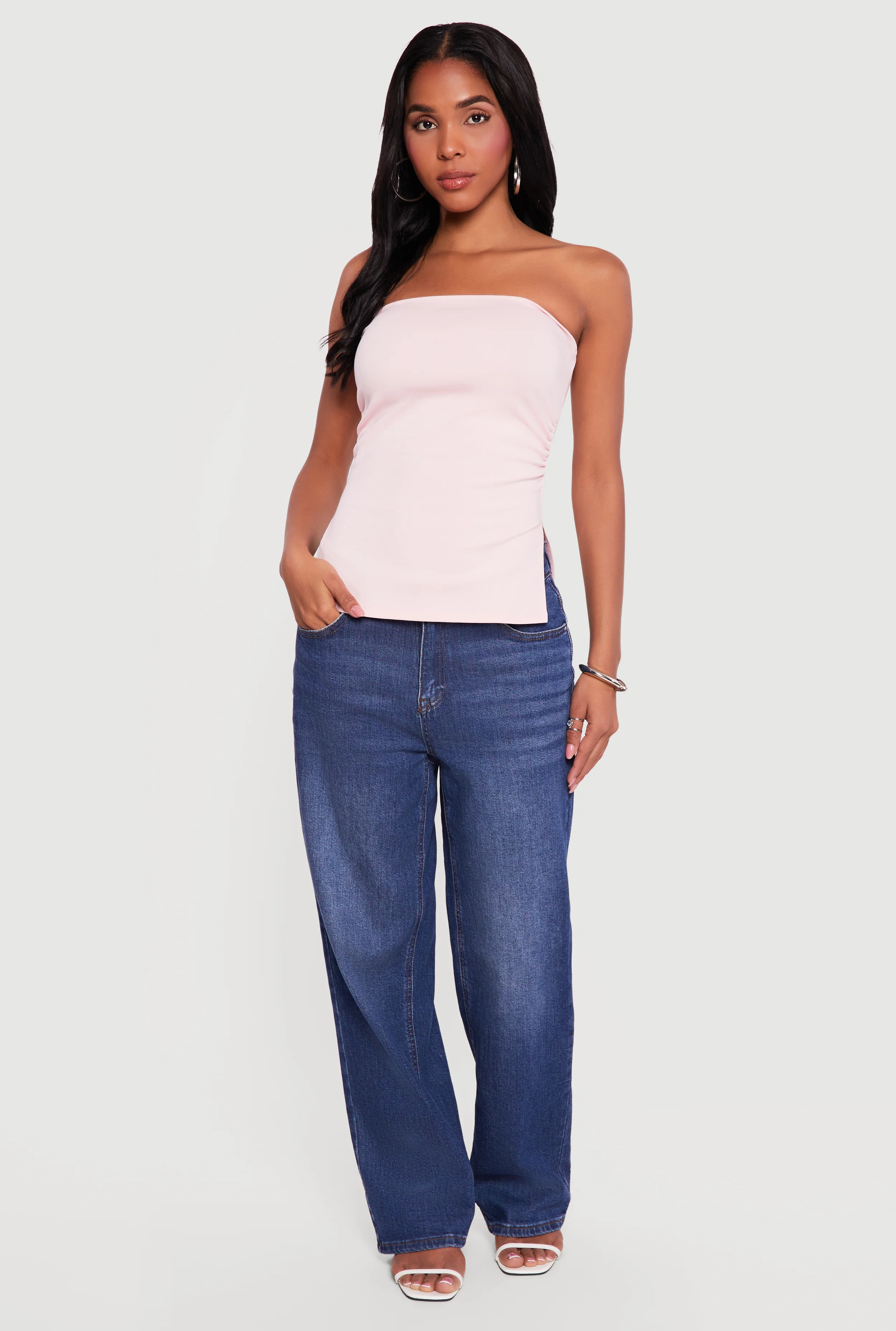 Side Ruched Split Hem Tube Top