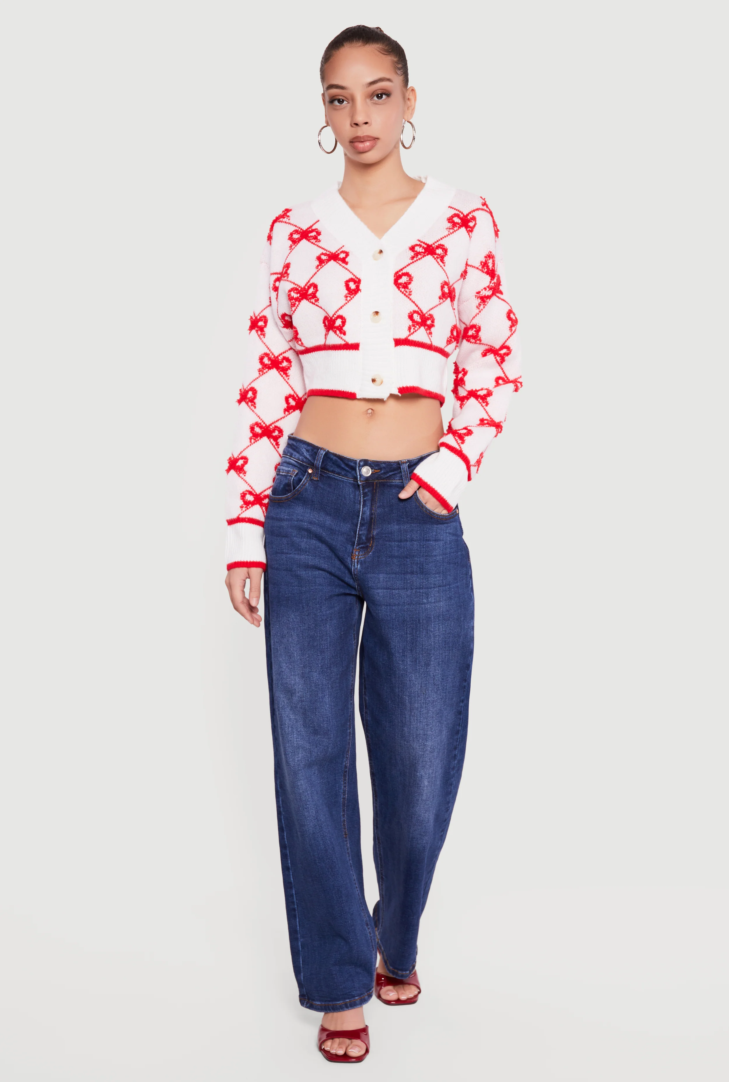 Bow Print Cropped Button Front Cardigan