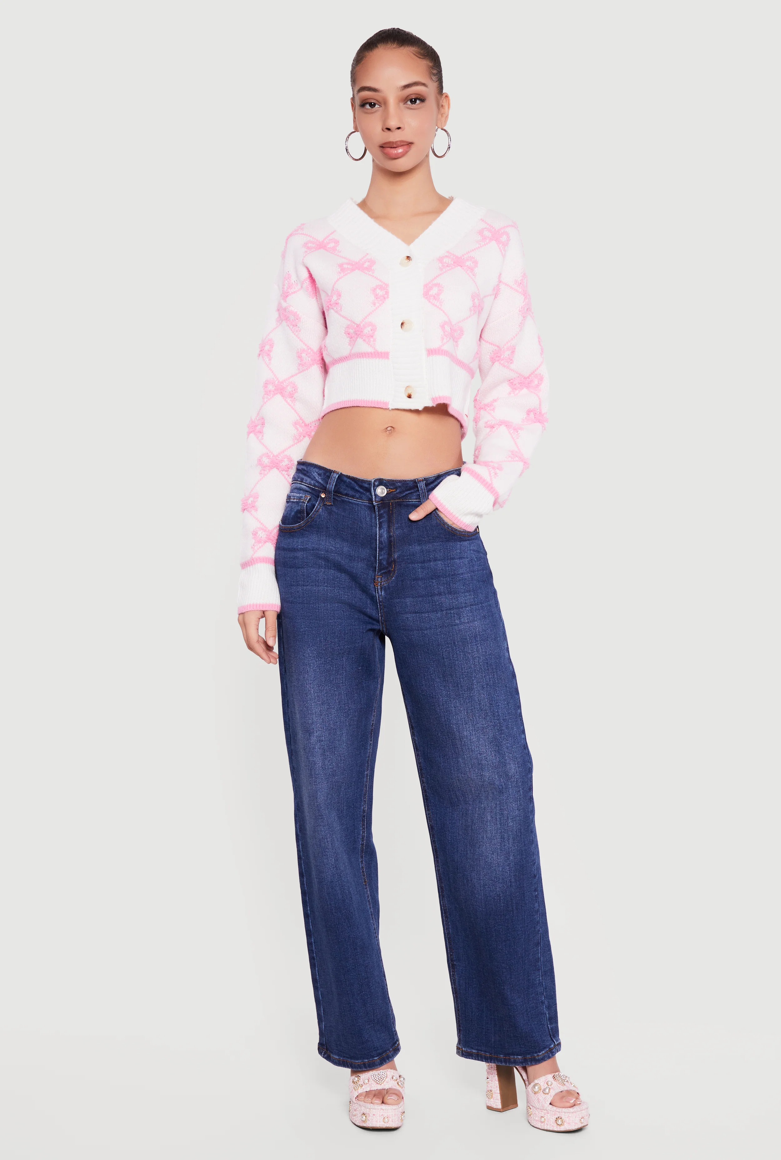 Bow Print Cropped Button Front Cardigan