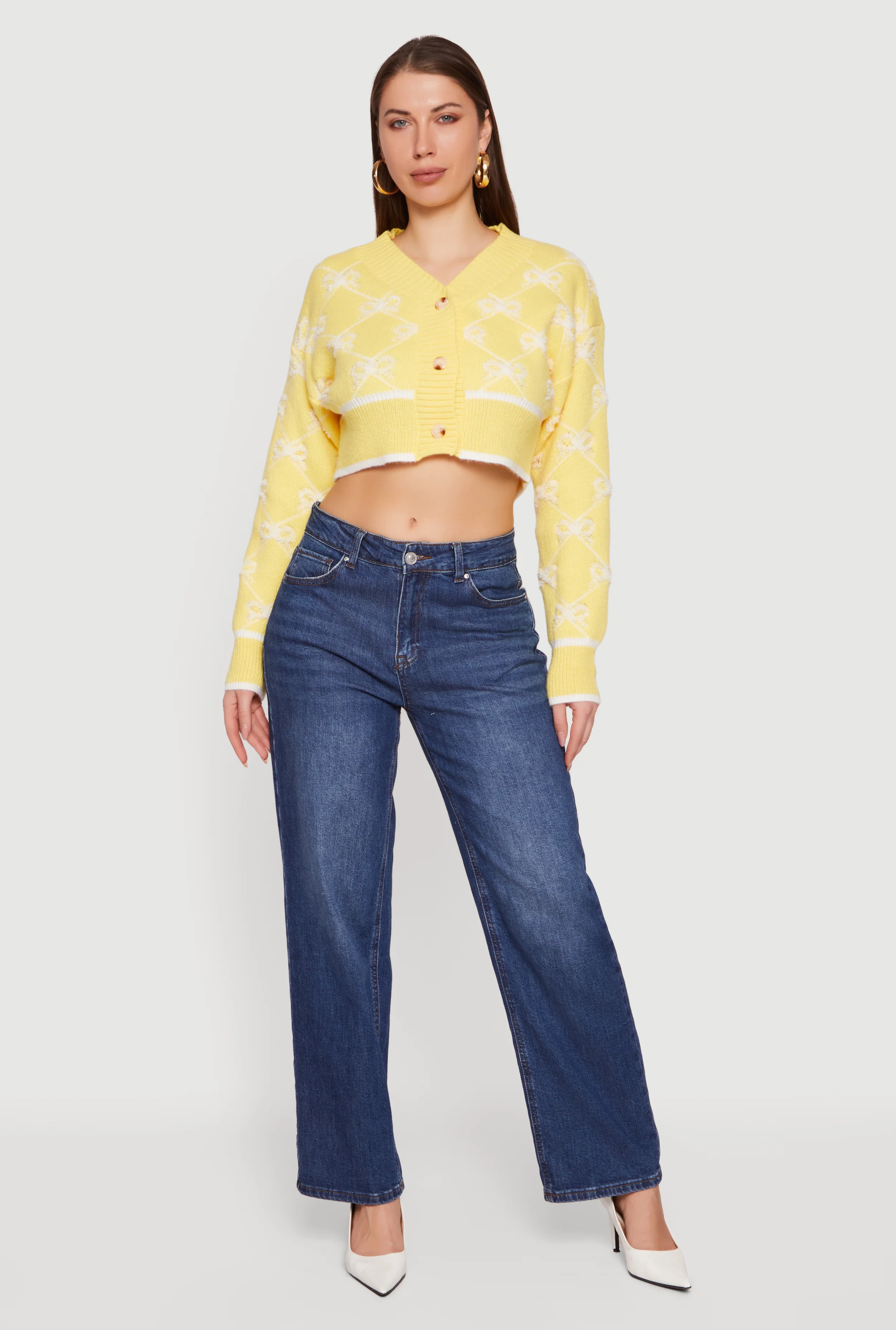 Bow Print Cropped Button Front Cardigan